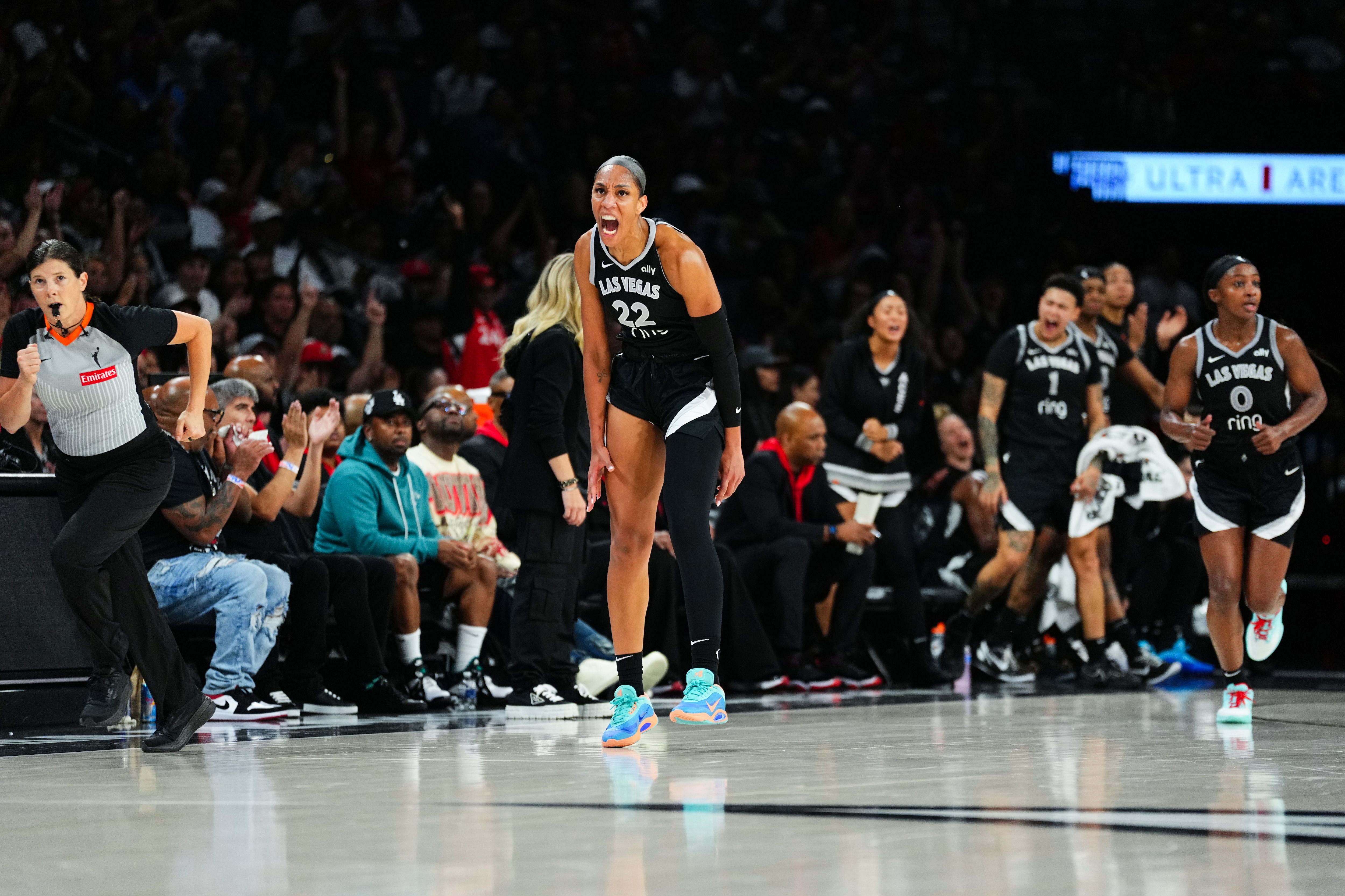 A'ja Wilson #22 of the Las Vegas Aces celebrates during the game against the Seattle Storm