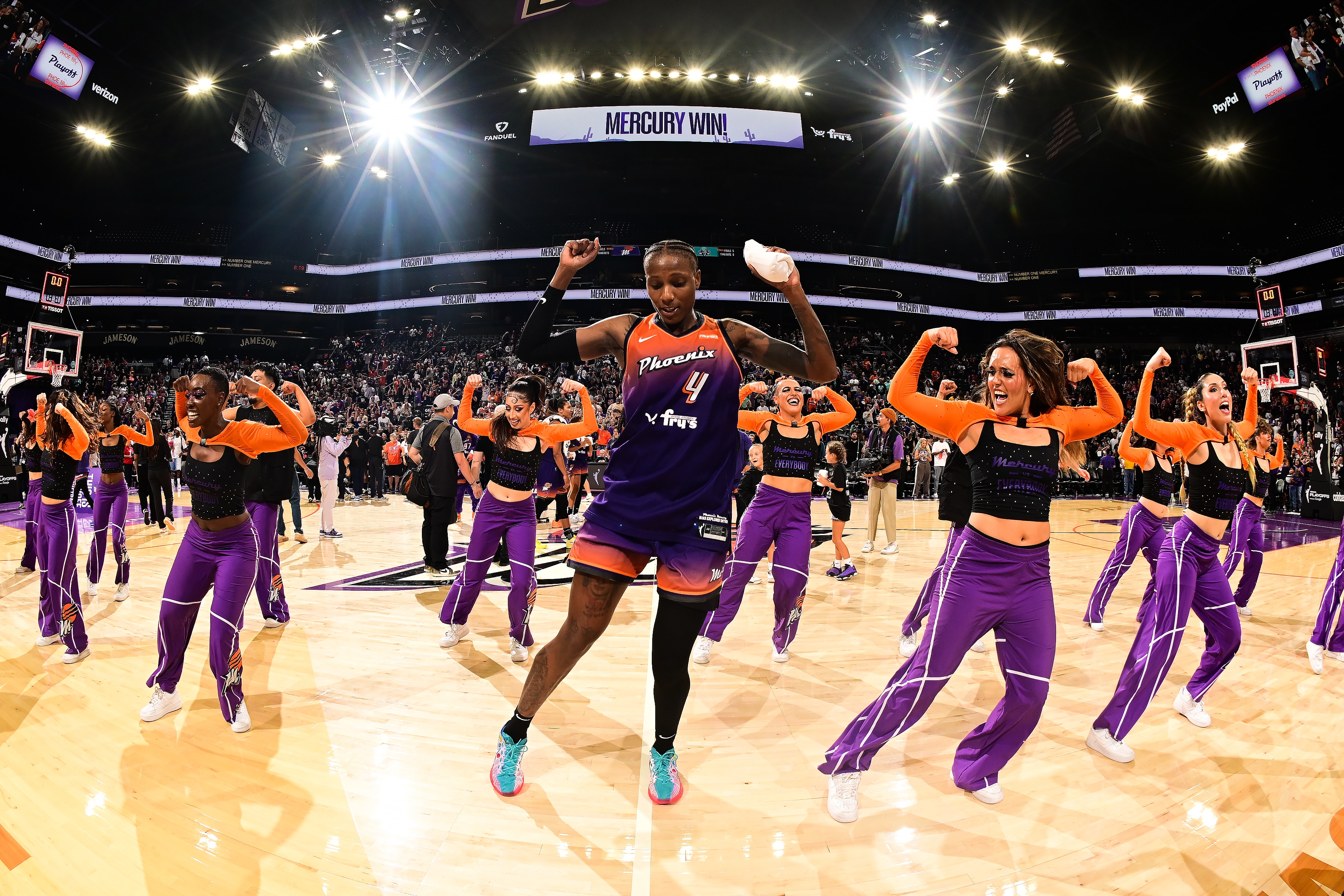 The Phoenix Mercury celebrate after winning game three of the WNBA Playoffs against the New York Liberty