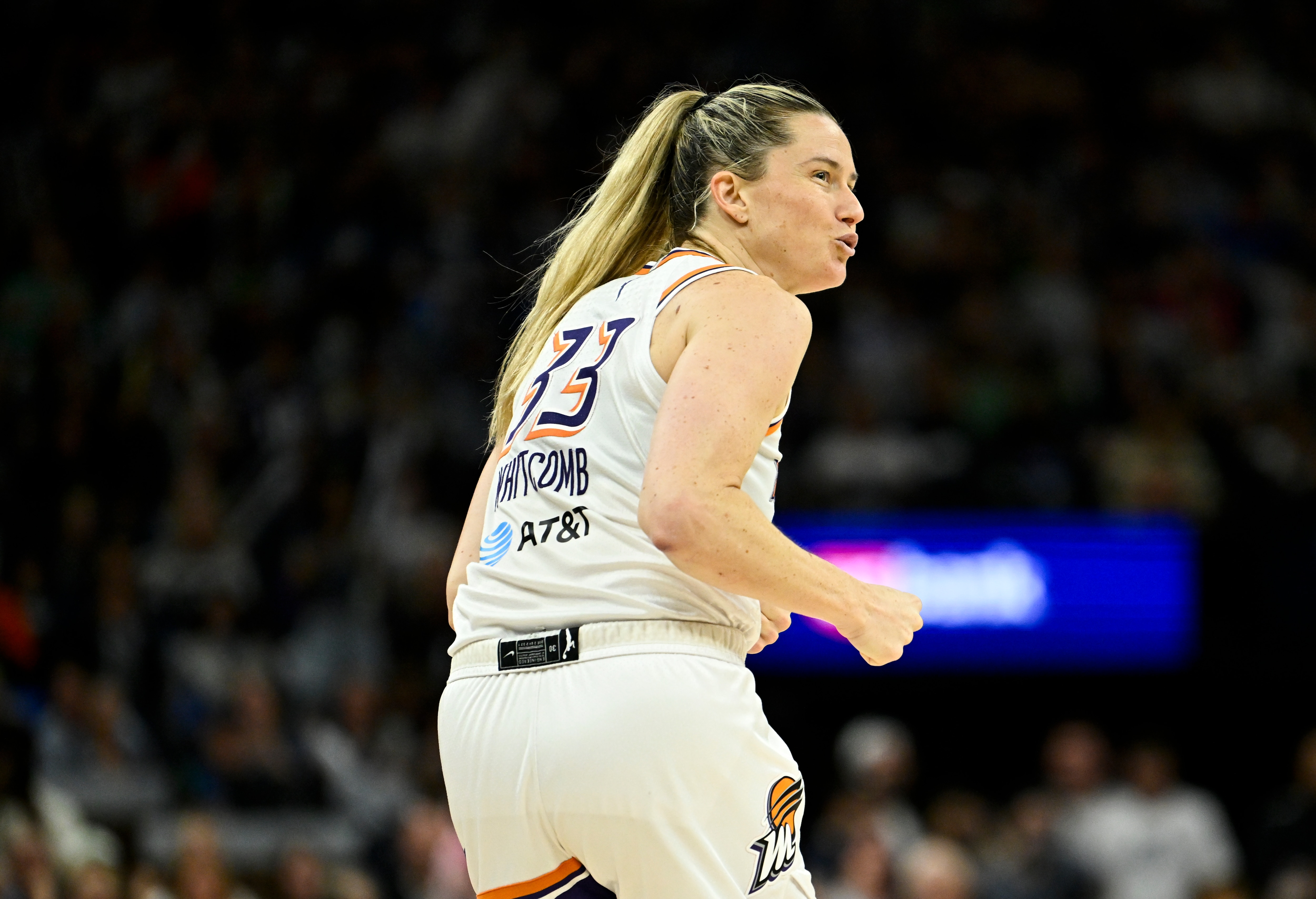Sami Whitcomb #33 of the Phoenix Mercury reacts after missing a shot against the Minnesota Lynx