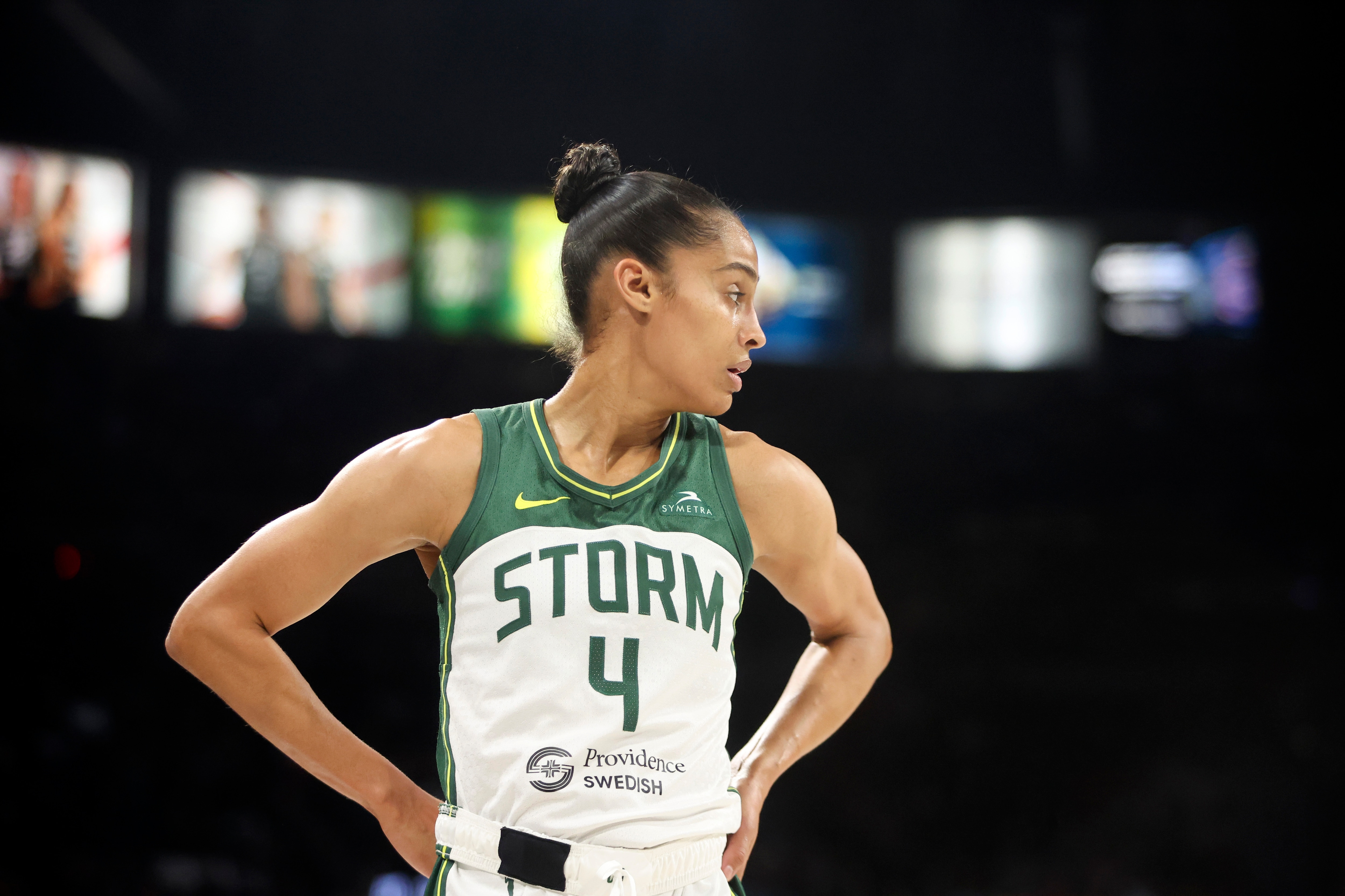 Skylar Diggins #4 of the Seattle Storm looks on against the Las Vegas Aces