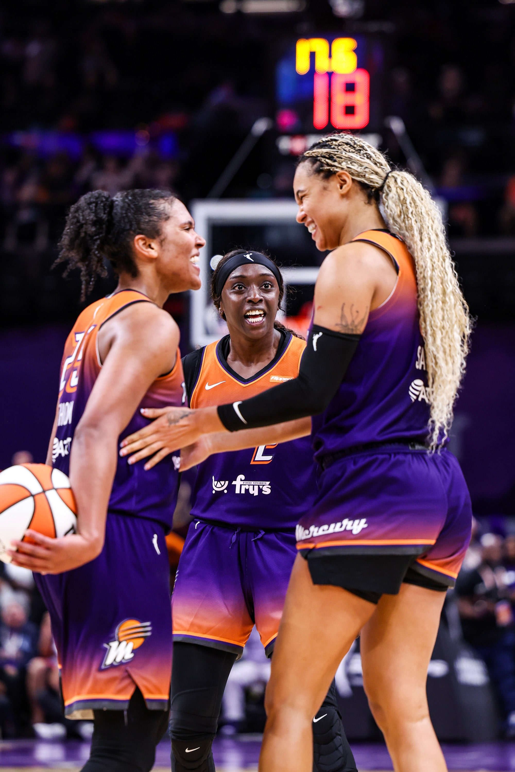Alyssa Thomas #25 of the Phoenix Mercury, Kahleah Copper #2 and Satou Sabally #0 all celebrate during the fourth quarter against the New York Liberty
