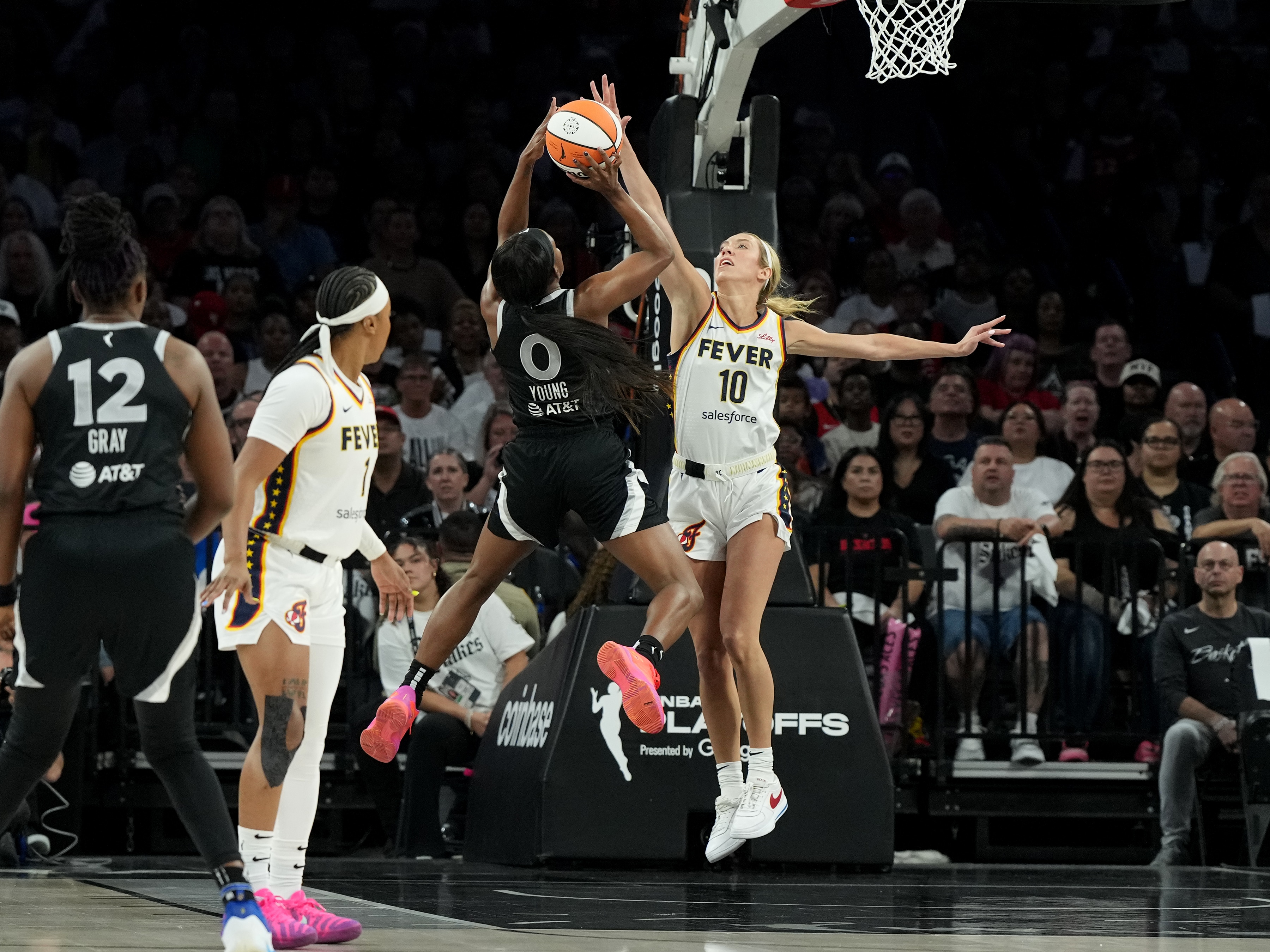 Jackie Young #0 of the Las Vegas Aces shoots the ball during the game against the Indiana Fever