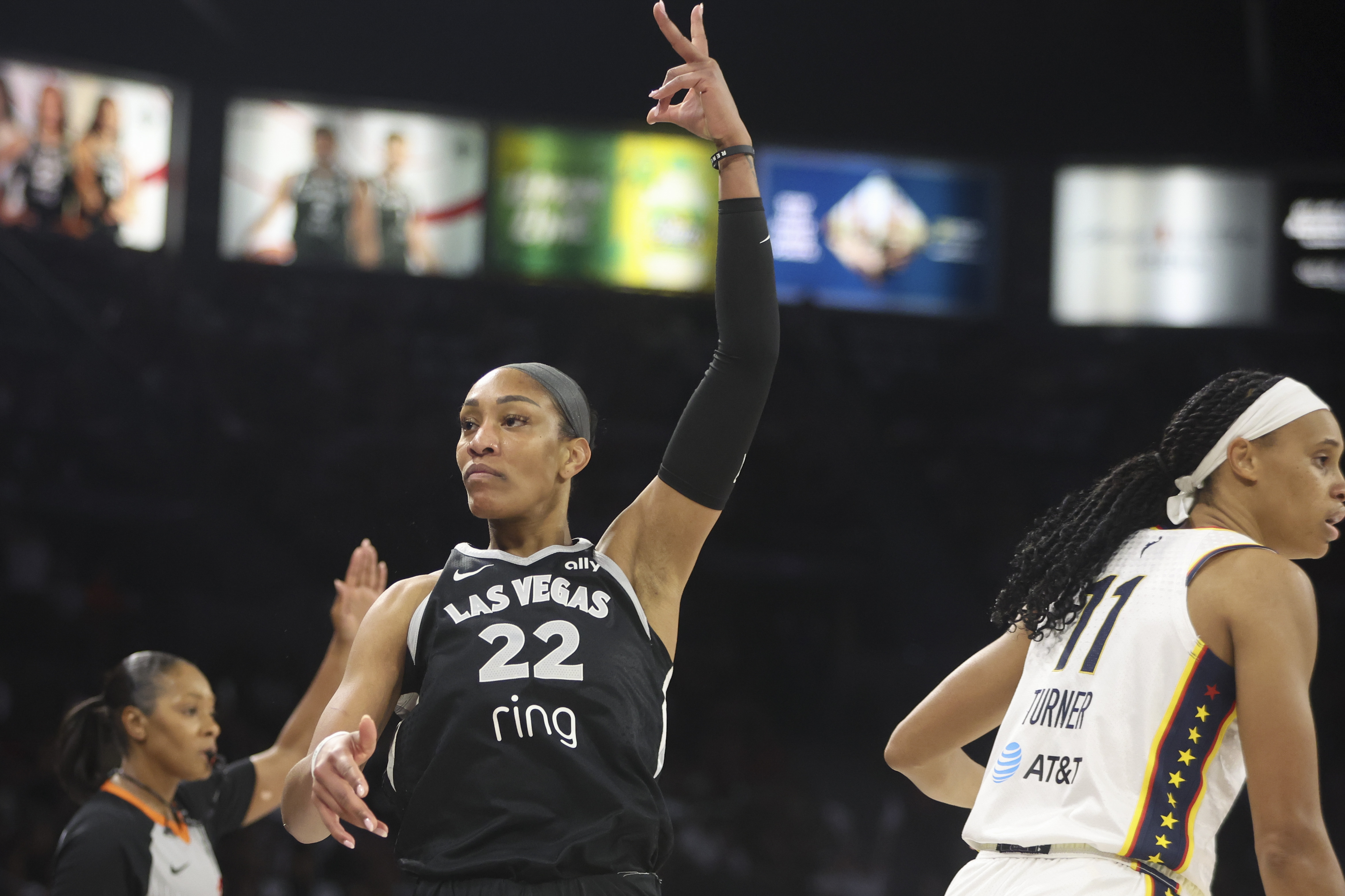 A'ja Wilson #22 of the Las Vegas Aces celebrates after making a 3-point basket against the Indiana Fever