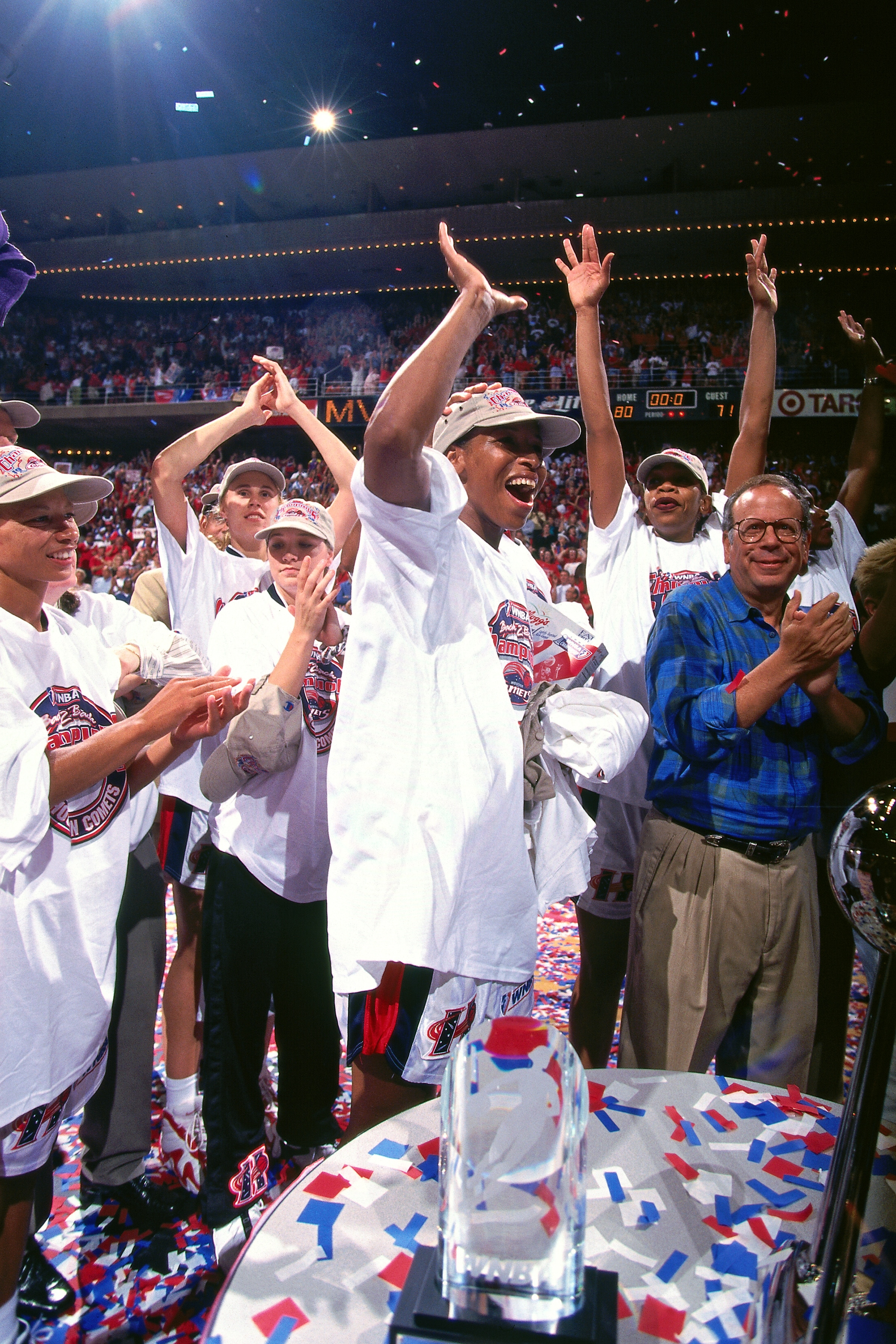 Cynthia Cooper #14 of the Houston Comets celebrates during Game Three of the 1998 WNBA Finals