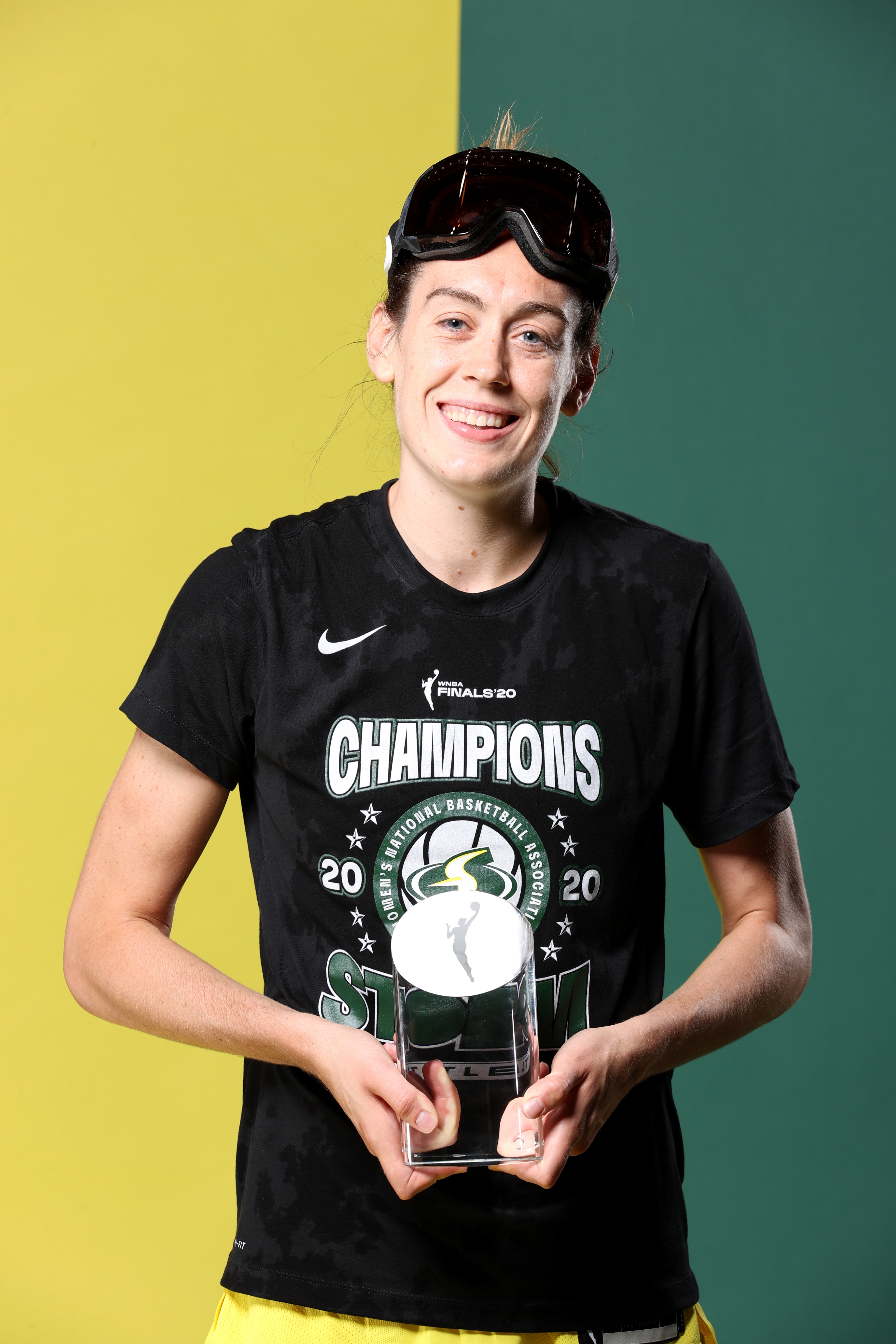 Breanna Stewart #30 of the Seattle Storm poses for a portrait with the WNBA MVP Trophy after winning Game 3 of the 2020 WNBA Finals against the Las Vegas Aces