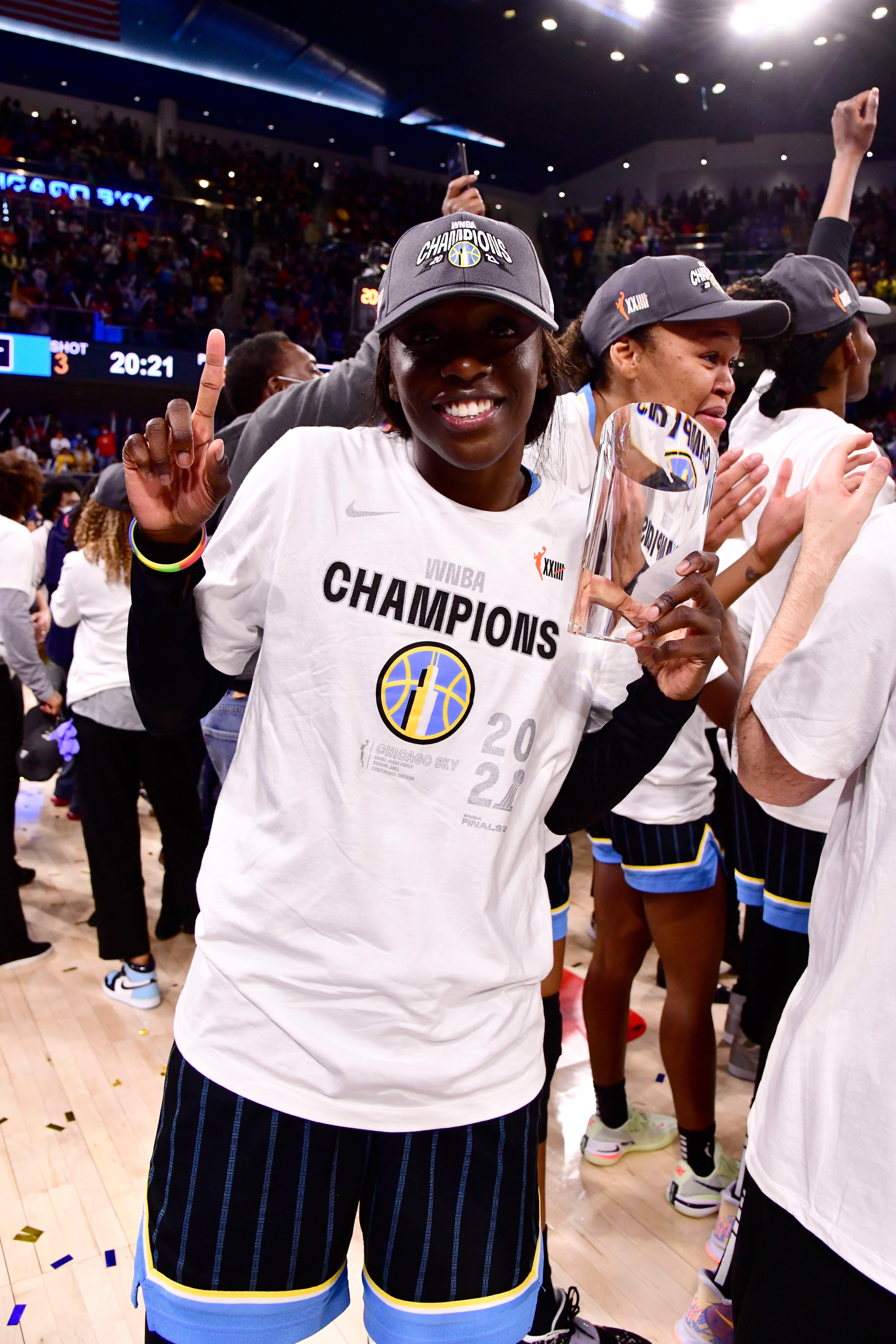 Kahleah Copper #2 of the Chicago Sky holds the MVP Trophy after winning Game Four of the 2021 WNBA Finals on October 17, 2021