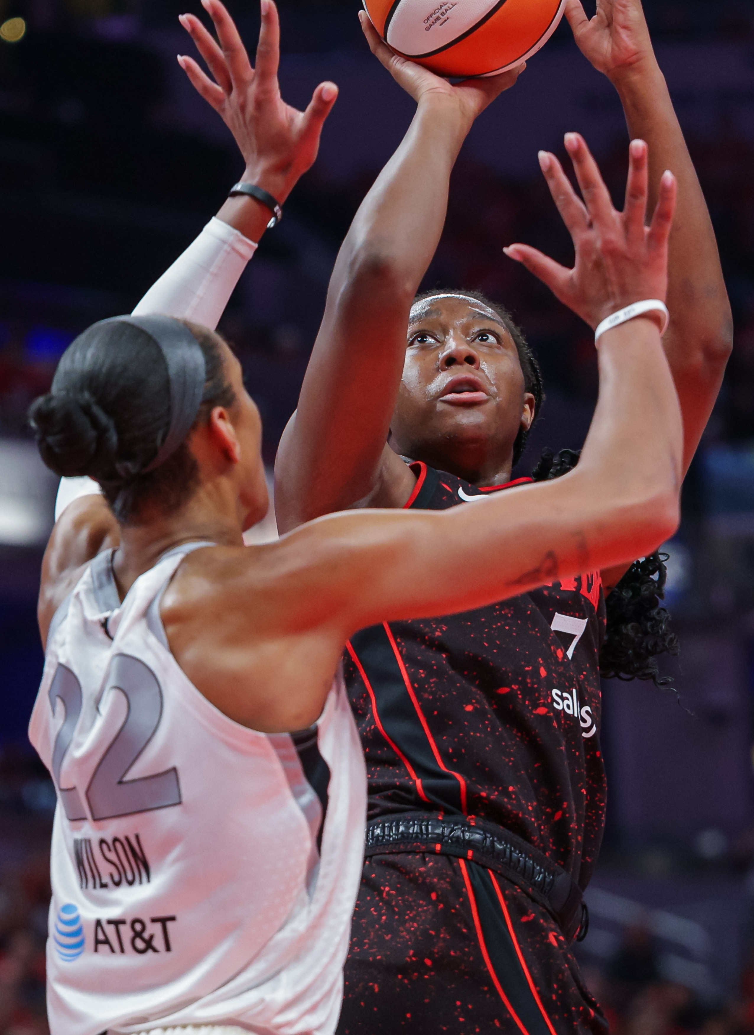 Aliyah Boston #7 of the Indiana Fever shoots the ball against A'ja Wilson #22 of the Las Vegas Aces