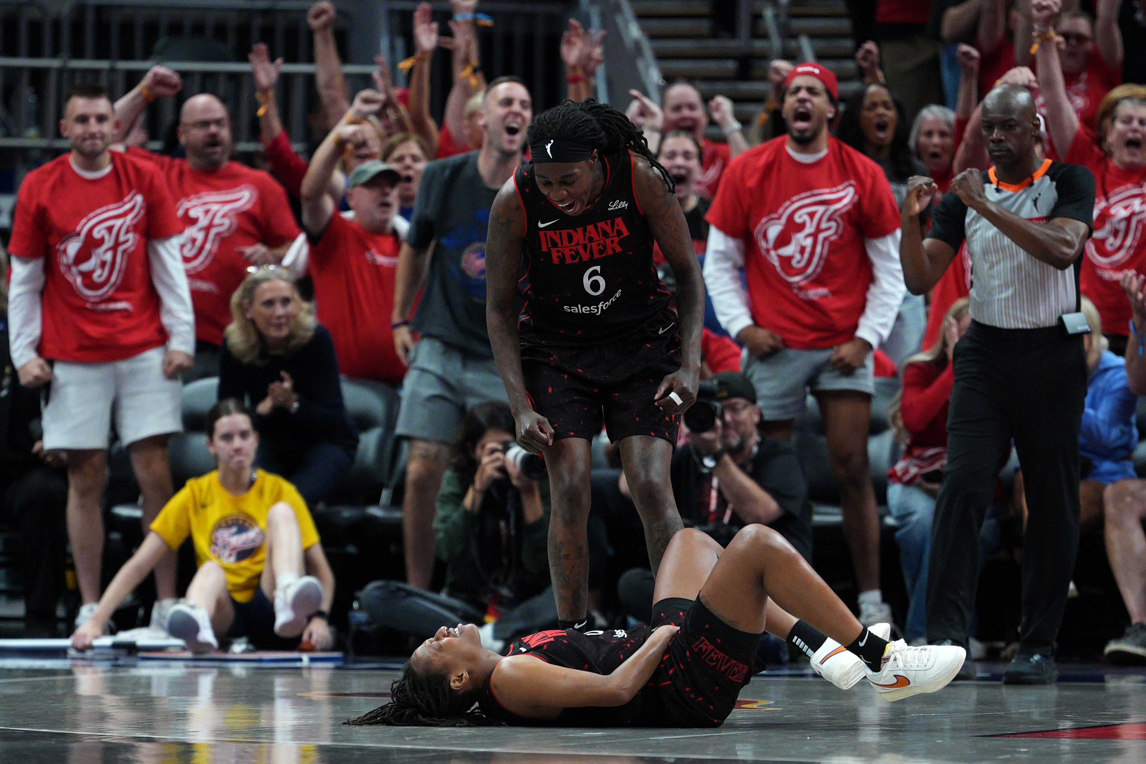 Natasha Howard #6 of the Indiana Fever celebrates during the game against the Las Vegas Aces