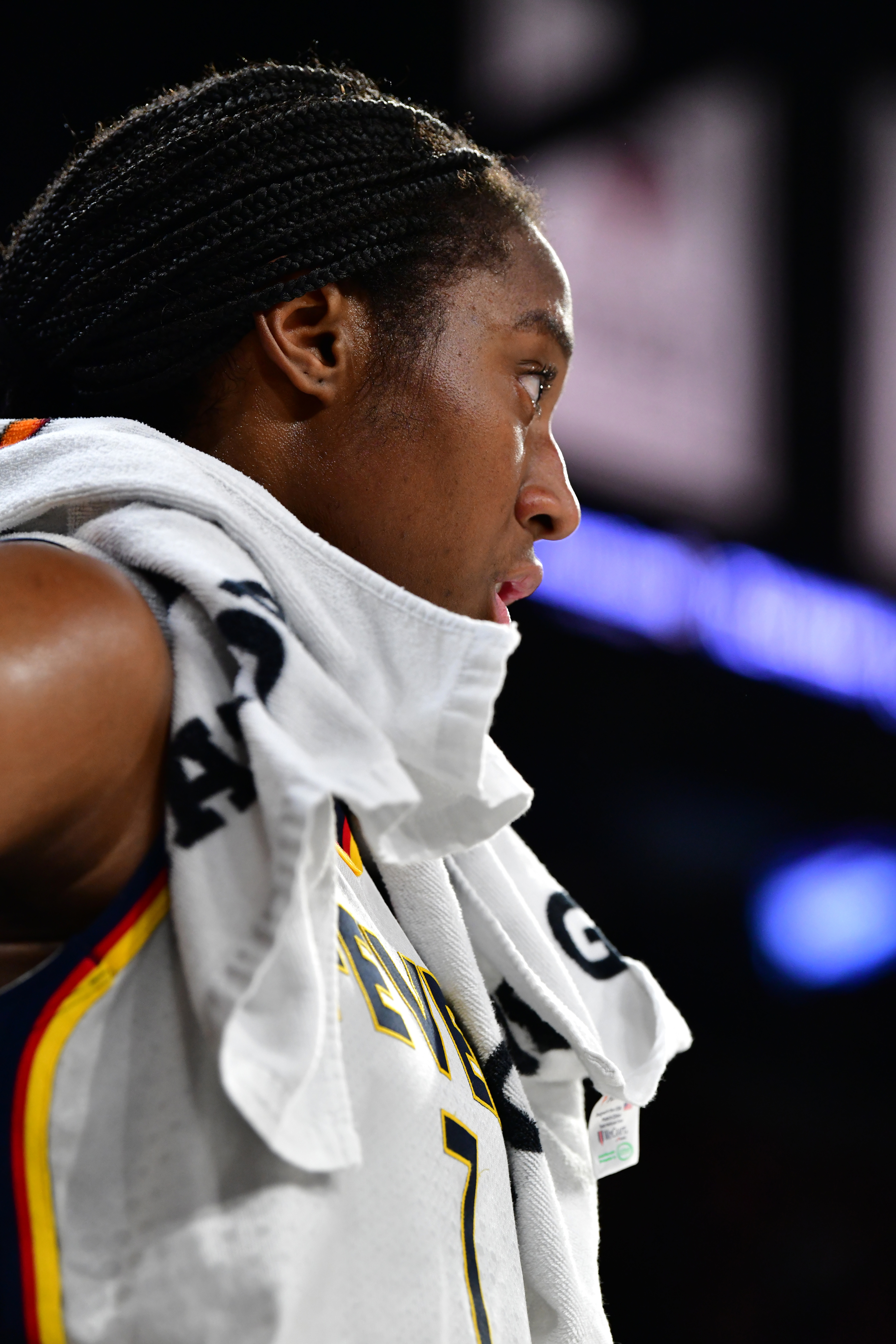 Aliyah Boston #7 of the Indiana Fever looks on during the game against the Las Vegas