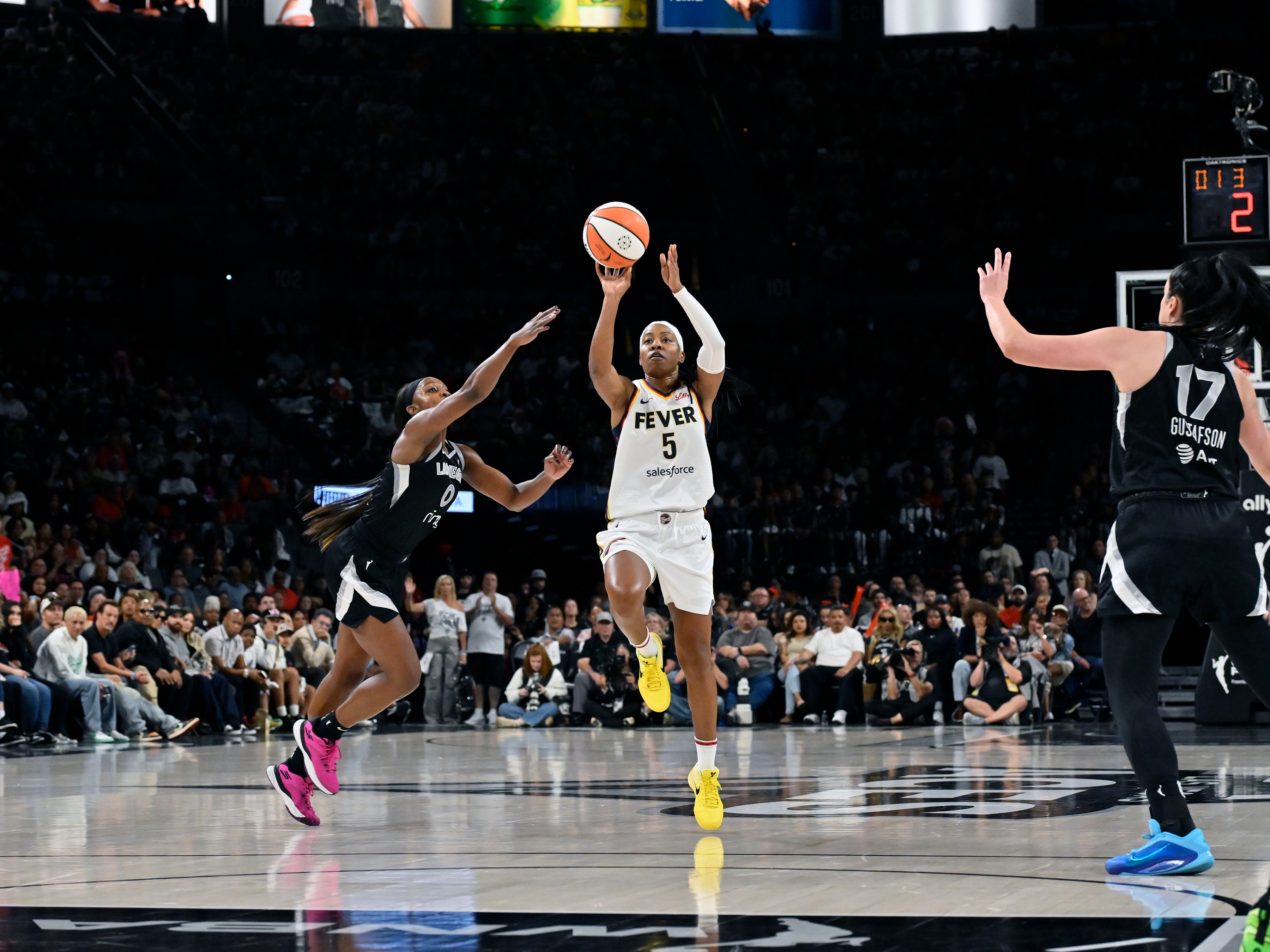 Shey Peddy #5 of the Indiana Fever shoots the ball during the game against the Las Vegas Aces