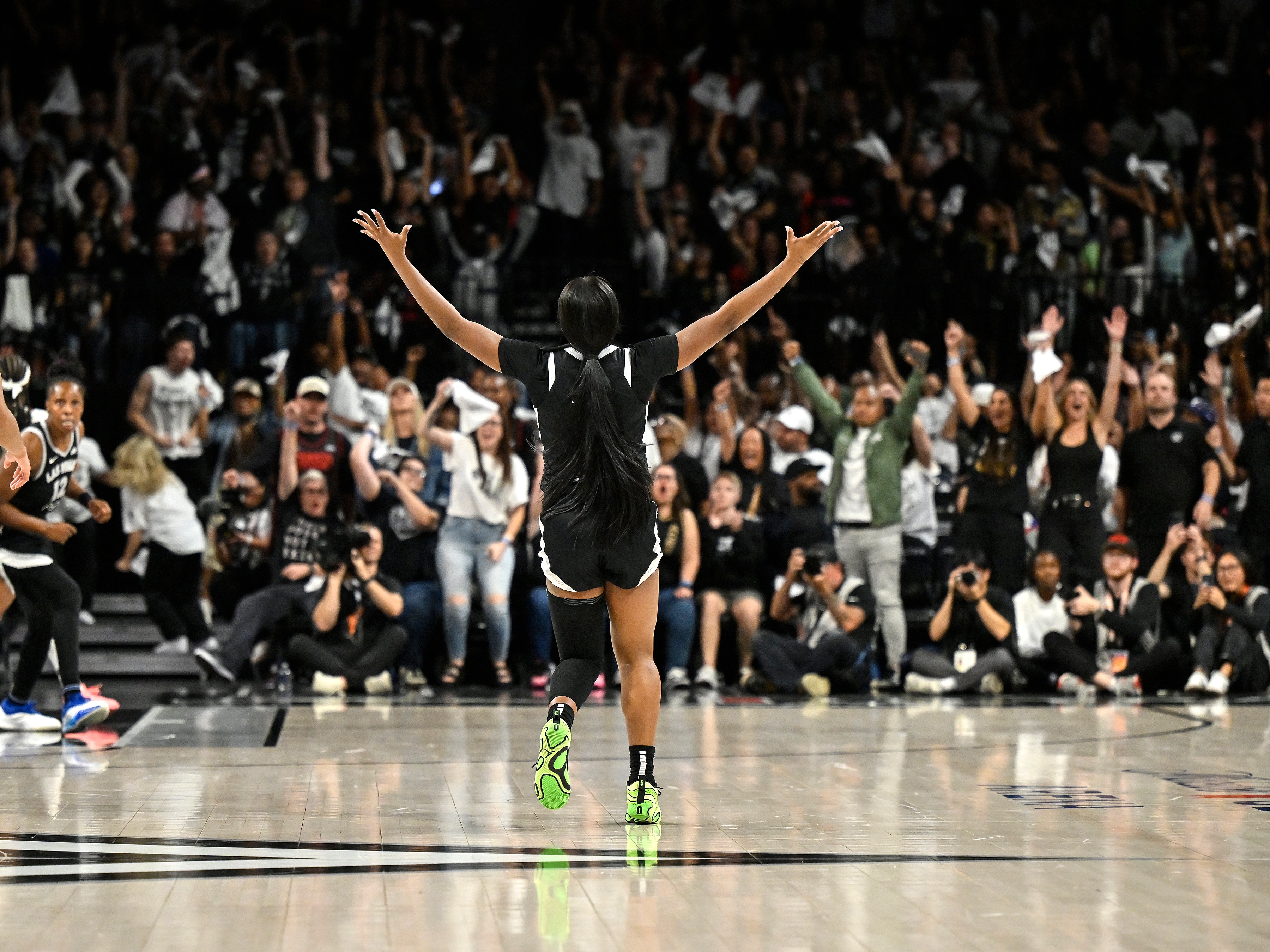 Dana Evans #11 of the Las Vegas Aces celebrates during the game against the Indiana Fever