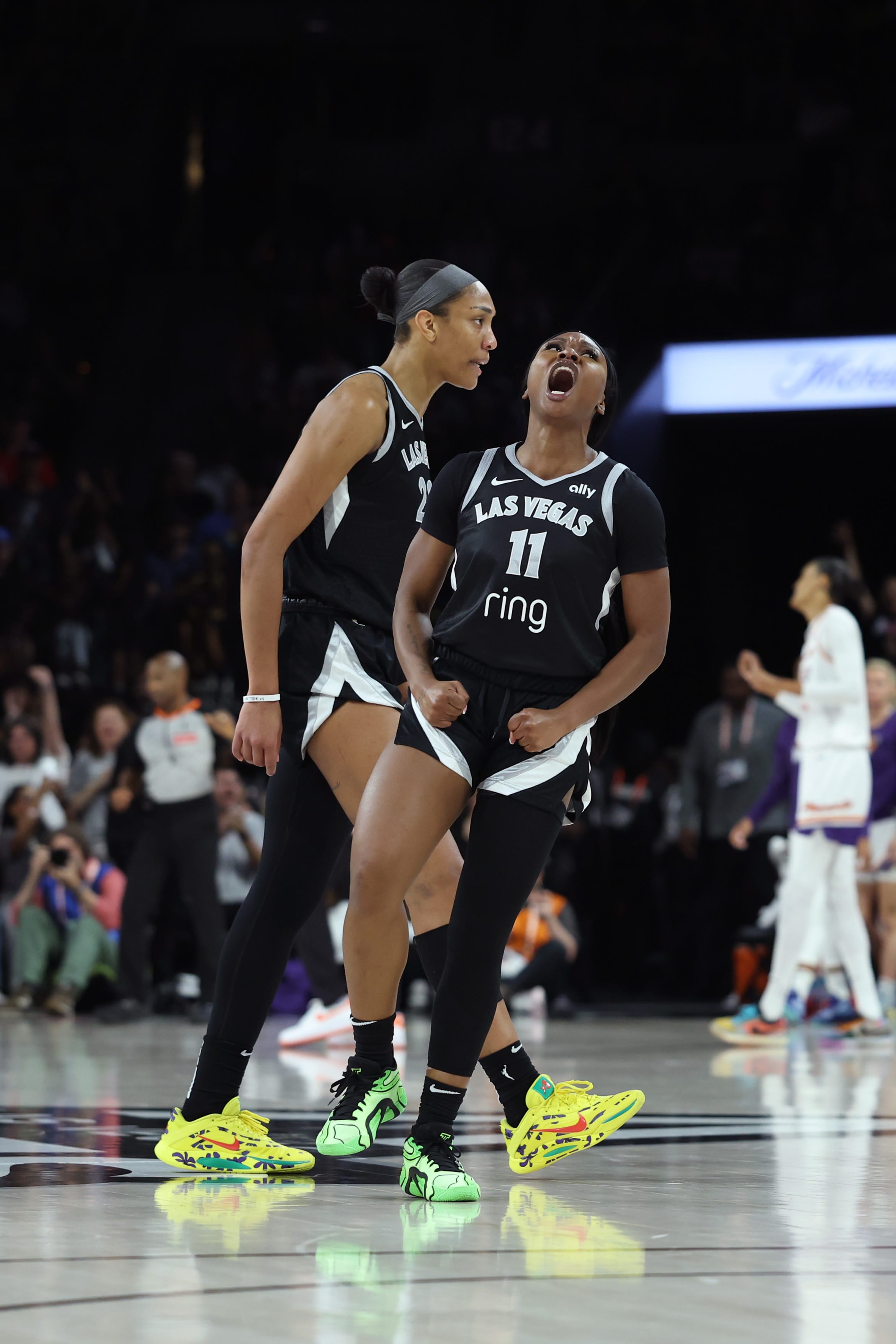 Dana Evans #11 of the Las Vegas Aces celebrates during the game against the Phoenix Mercury