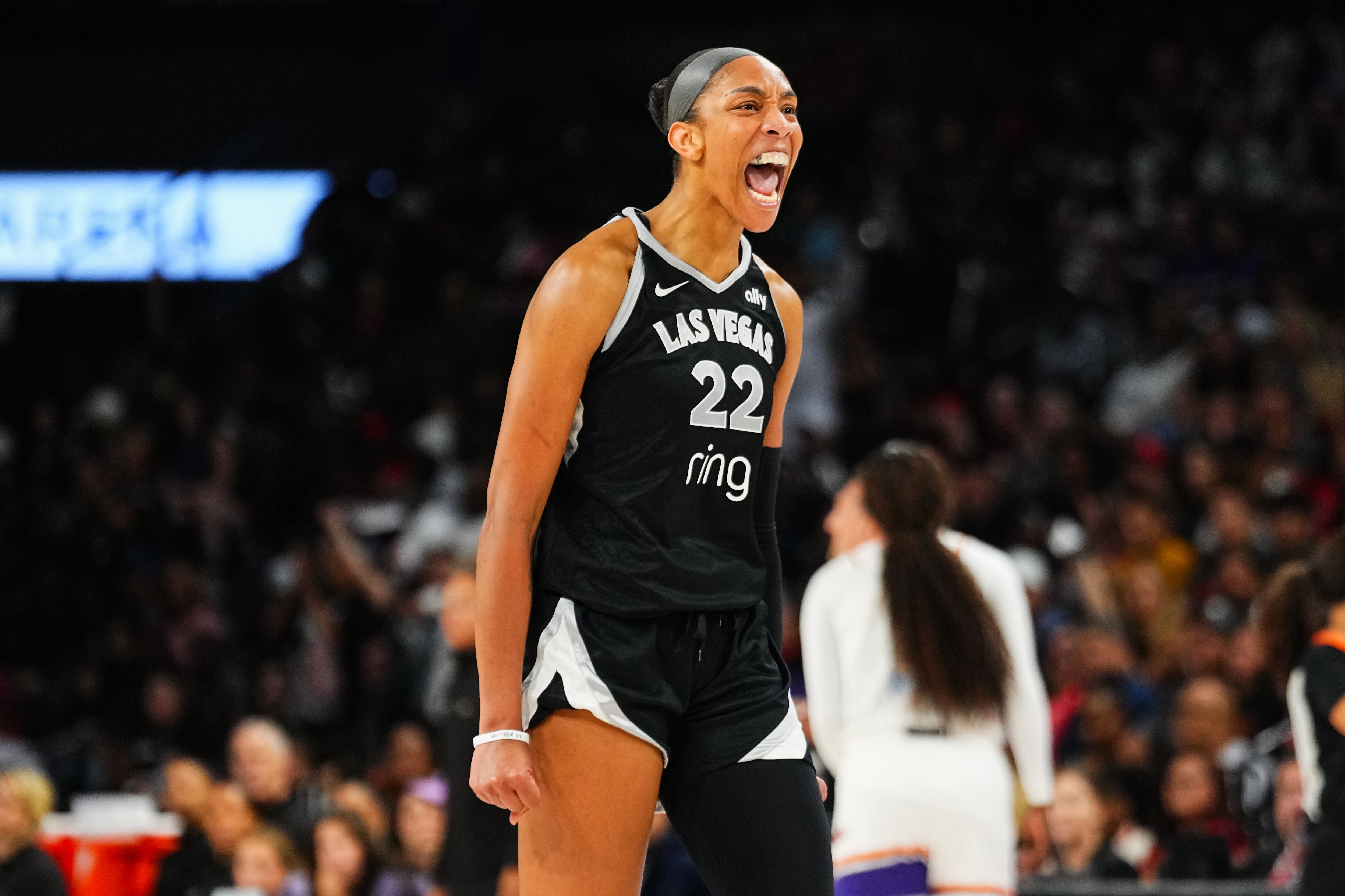 A'ja Wilson #22 of the Las Vegas Aces celebrates during the game against the Phoenix Mercury