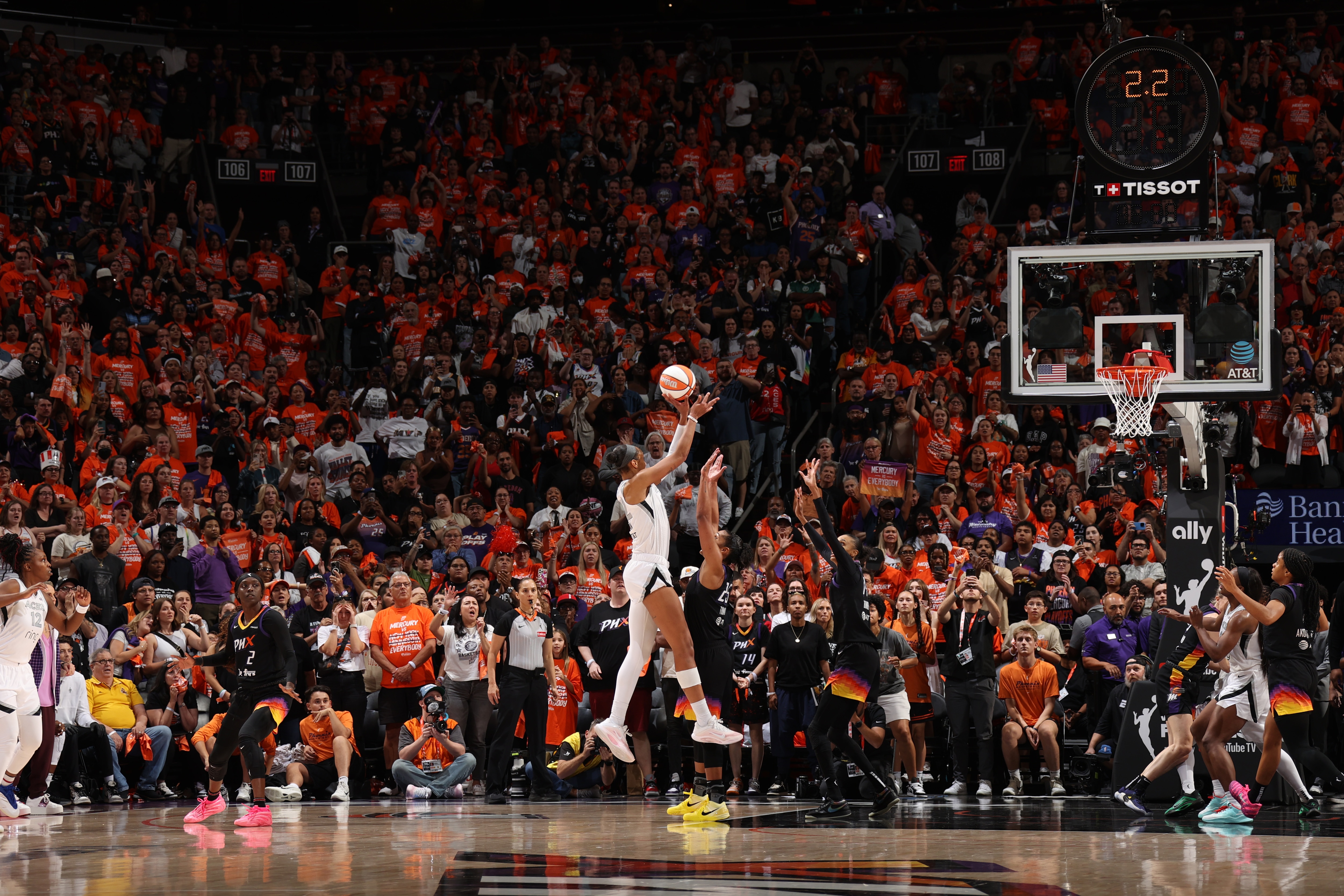 A'ja Wilson #22 of the Las Vegas Aces hits the game winning shot during the game against the Phoenix Mercury