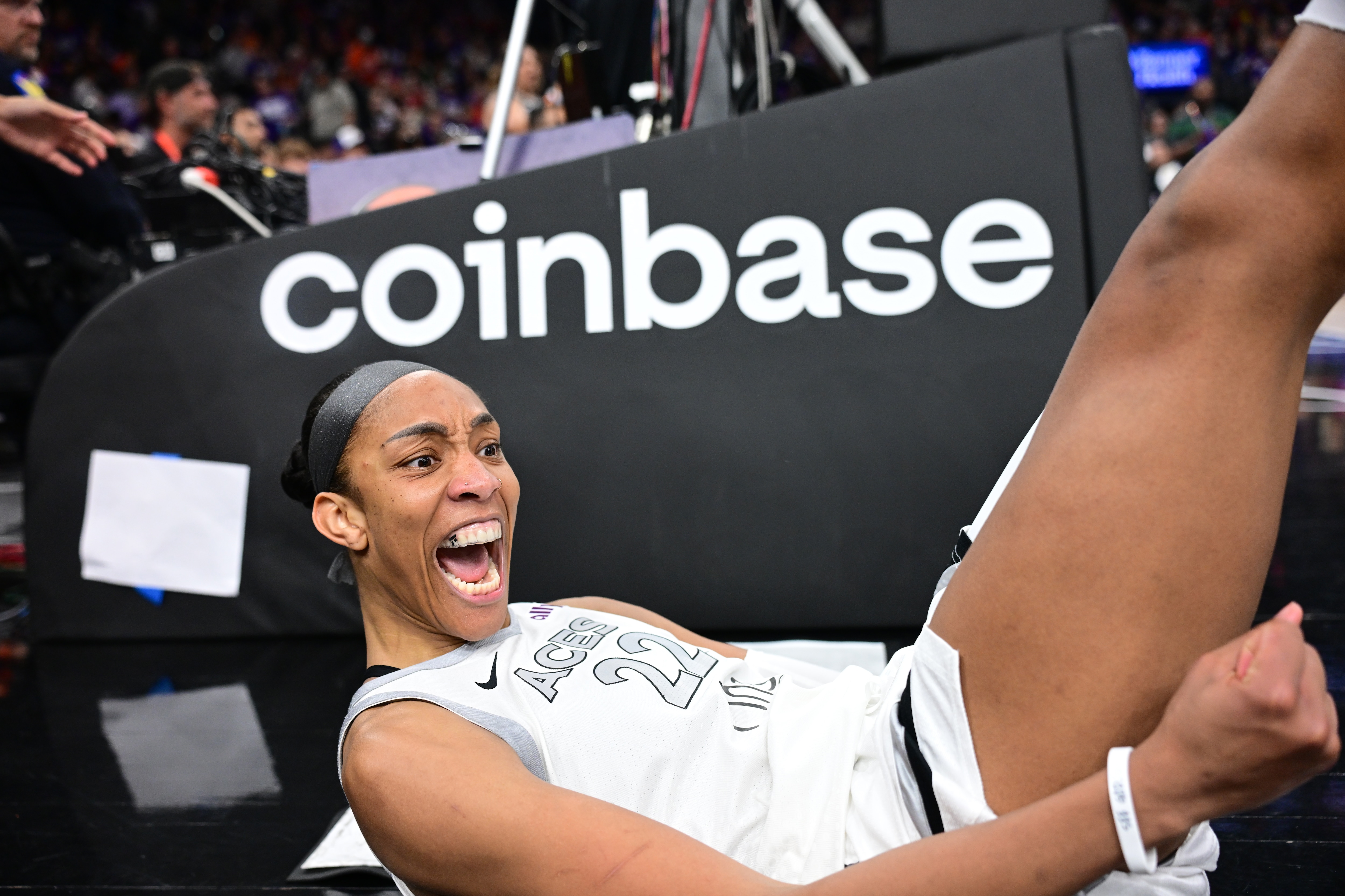 A'ja Wilson #22 of the Las Vegas Aces celebrates during the game against the Phoenix Mercury