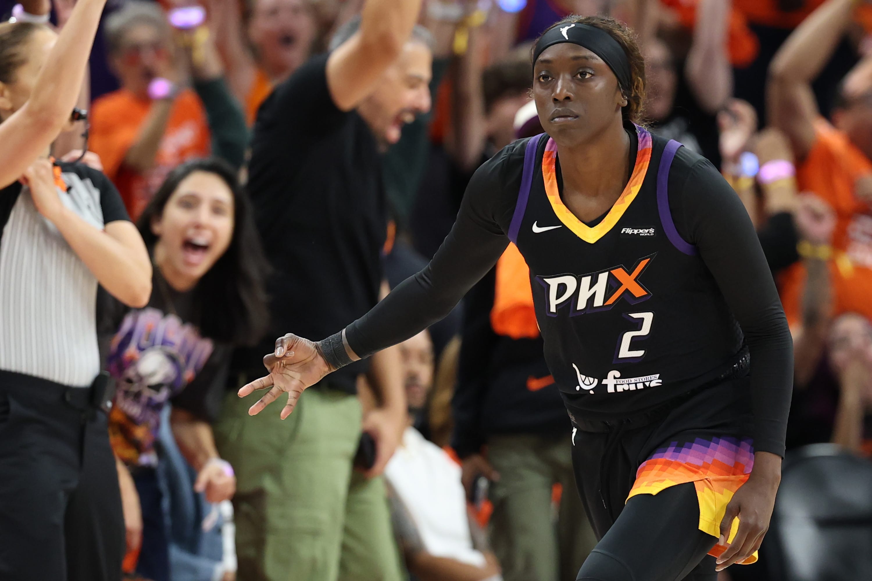 Kahleah Copper #2 of the Phoenix Mercury celebrates after a made three point basket against the Las Vegas Aces