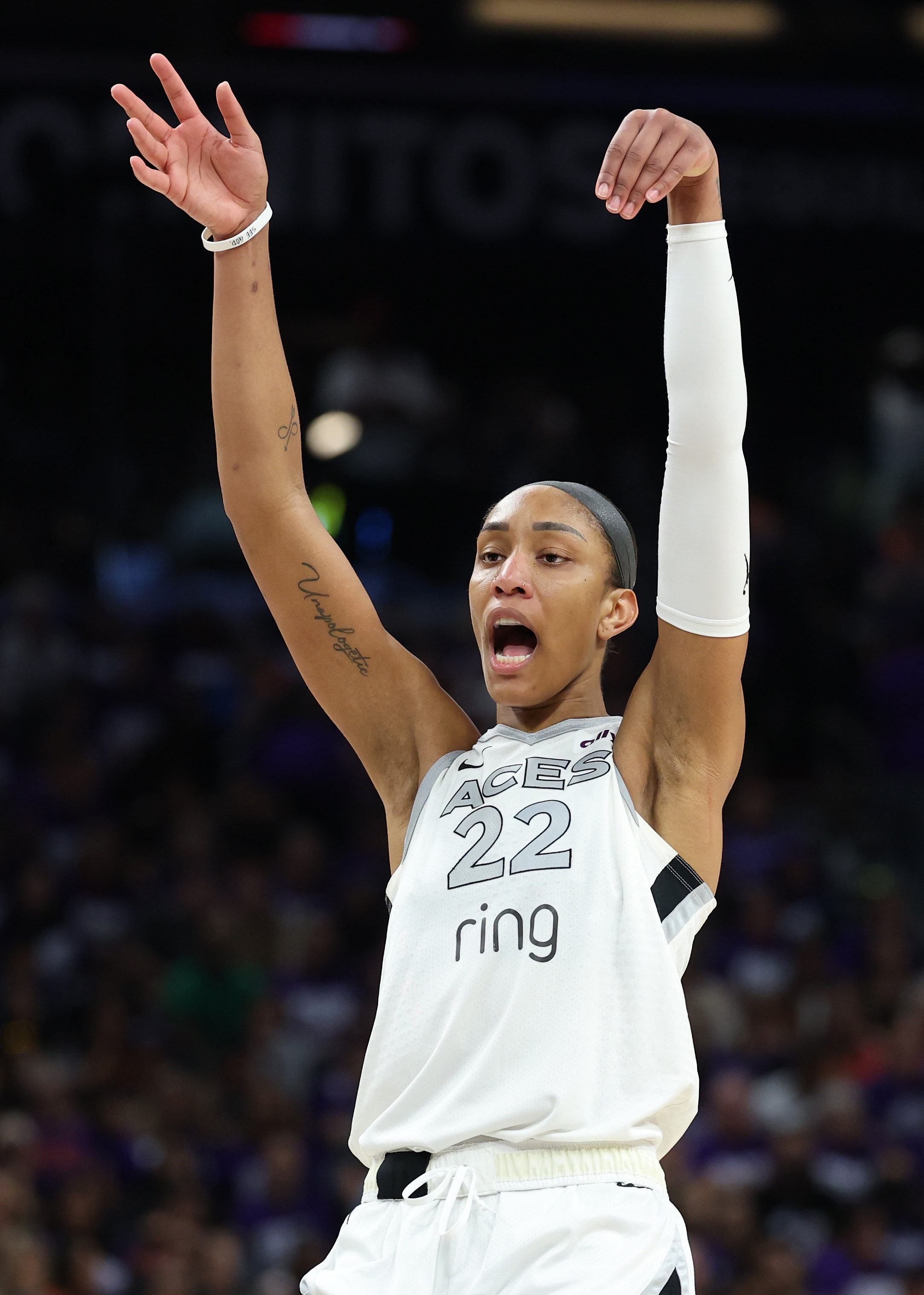 A'ja Wilson #22 of the Las Vegas Aces reacts in the fourth quarter against the Phoenix Mercury