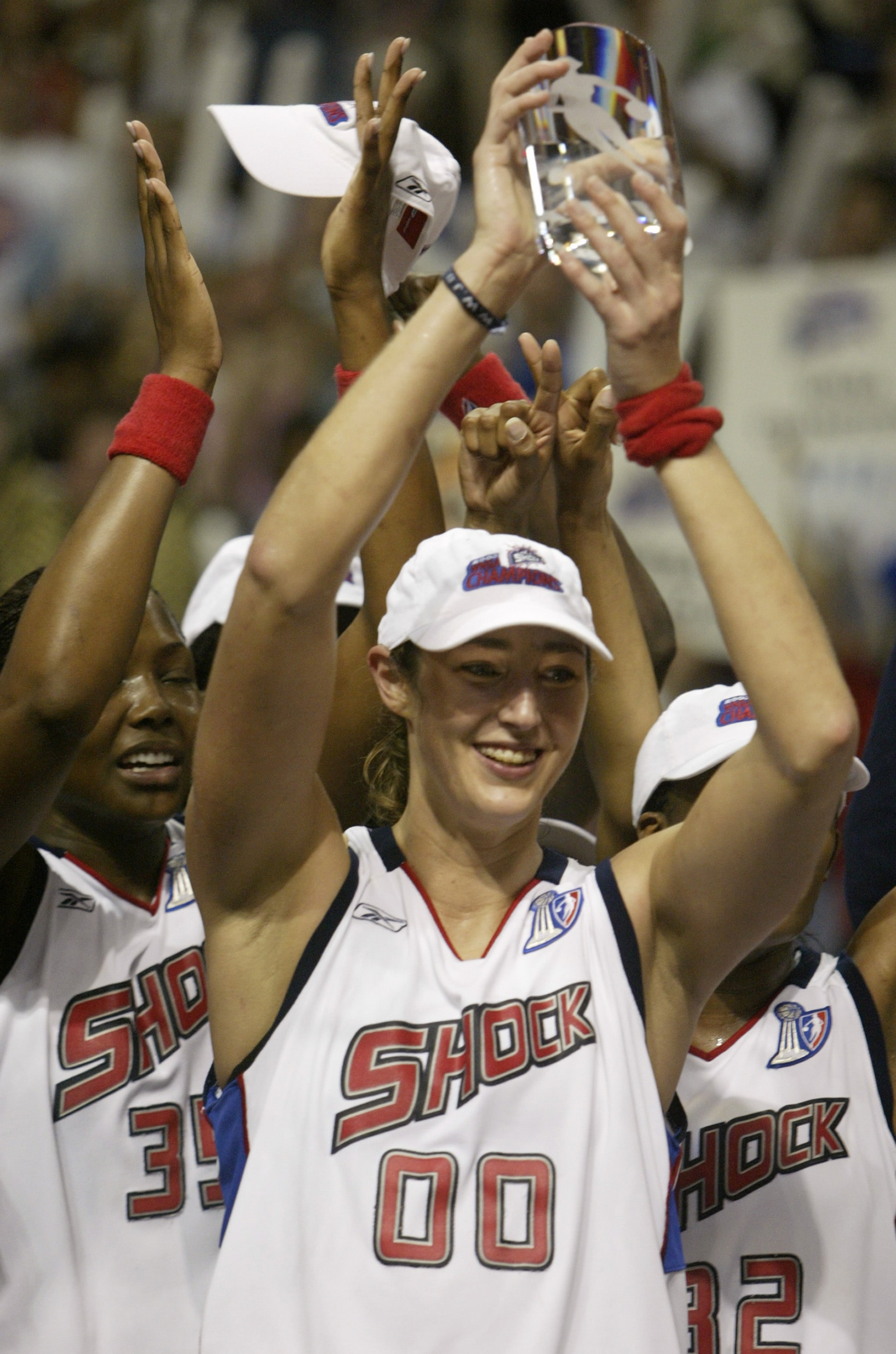 Ruth Riley #00 of the Detroit Shock earns the MVP trophy after the Shock defeat the two-time champion Los Angeles Sparks in Game three of the 2003 WNBA Finals
