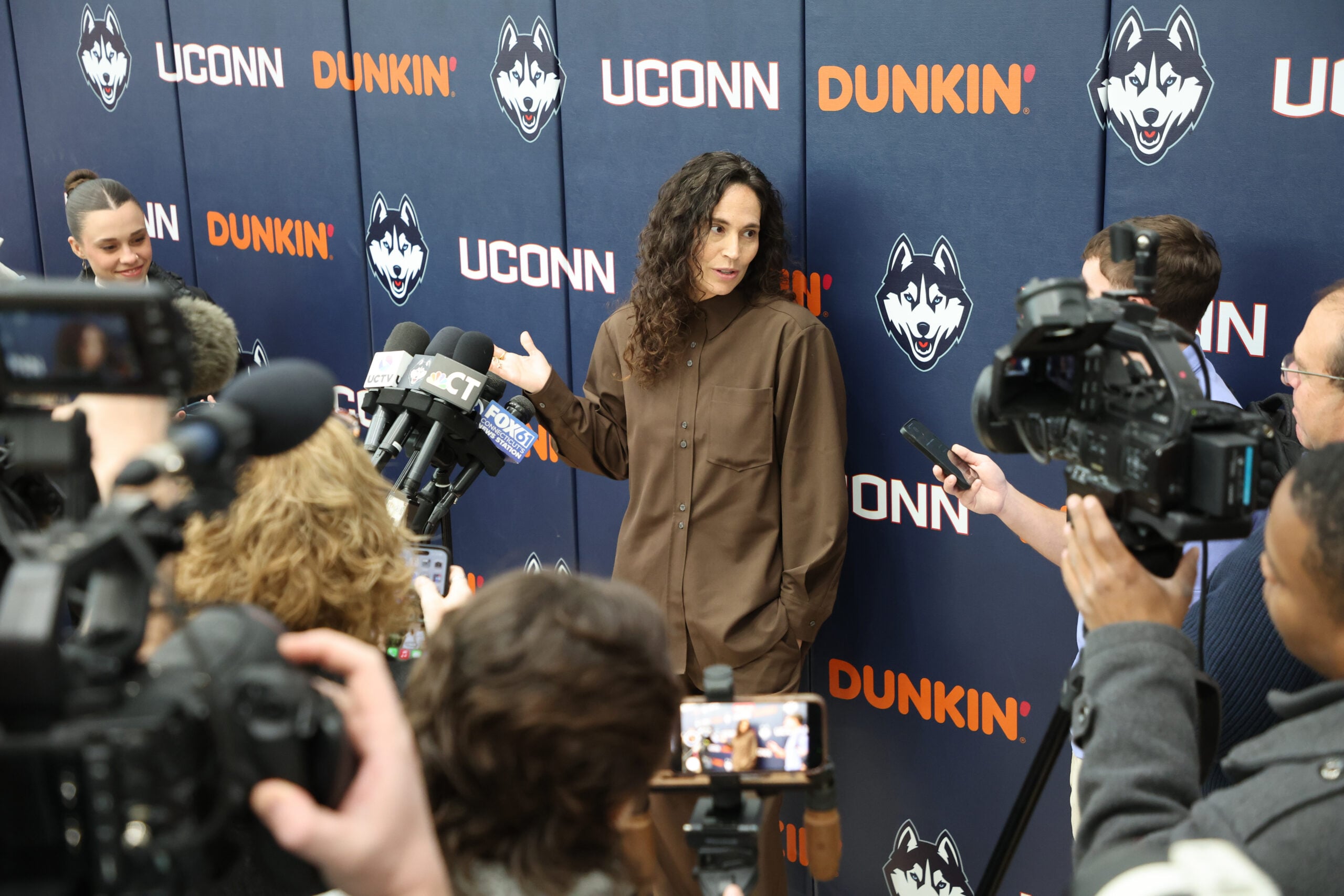 Former Connecticut Husky Sue Bird has her jersey number retired before an NCAA women’s basketball game against the DePaul Blue Demons at Harry A. Gampel Pavilion on December 07, 2025 in Storrs, Connecticut.