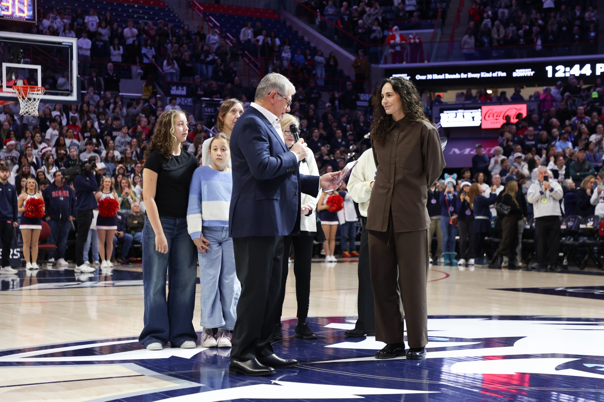 Former Connecticut Husky Sue Bird has her jersey number retired before an NCAA women’s basketball game against the DePaul Blue Demons at Harry A. Gampel Pavilion on December 07, 2025 in Storrs, Connecticut.
