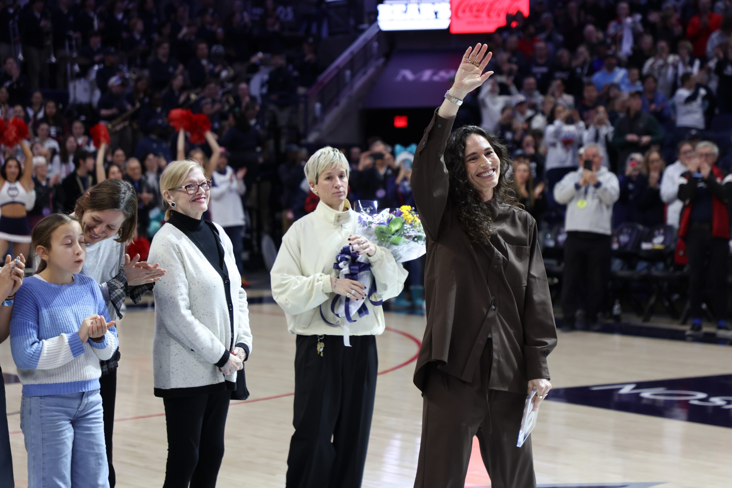 Former Connecticut Husky Sue Bird has her jersey number retired before an NCAA women’s basketball game against the DePaul Blue Demons at Harry A. Gampel Pavilion on December 07, 2025 in Storrs, Connecticut.