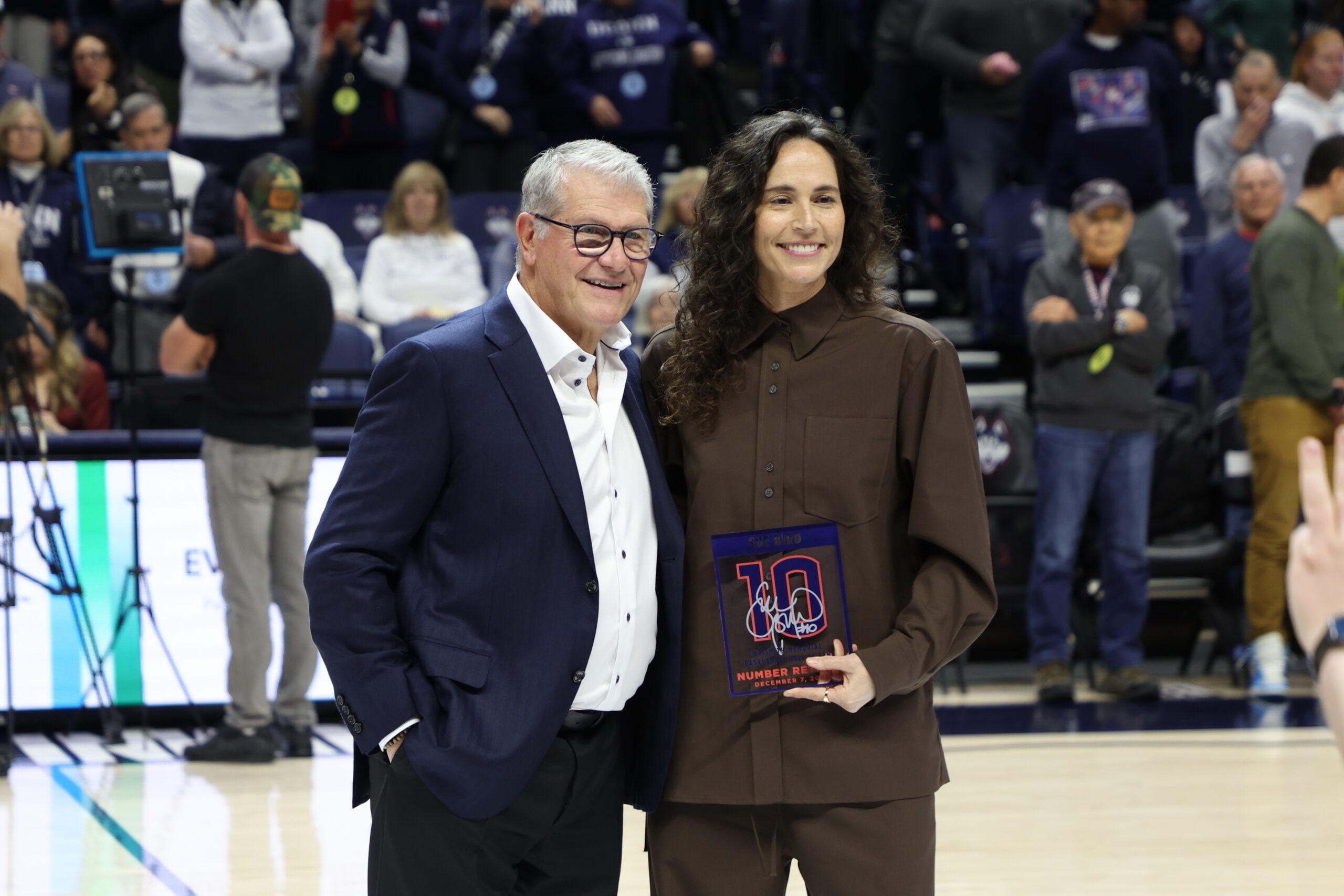 Former Connecticut Husky Sue Bird has her jersey number retired before an NCAA women’s basketball game against the DePaul Blue Demons at Harry A. Gampel Pavilion on December 07, 2025 in Storrs, Connecticut.