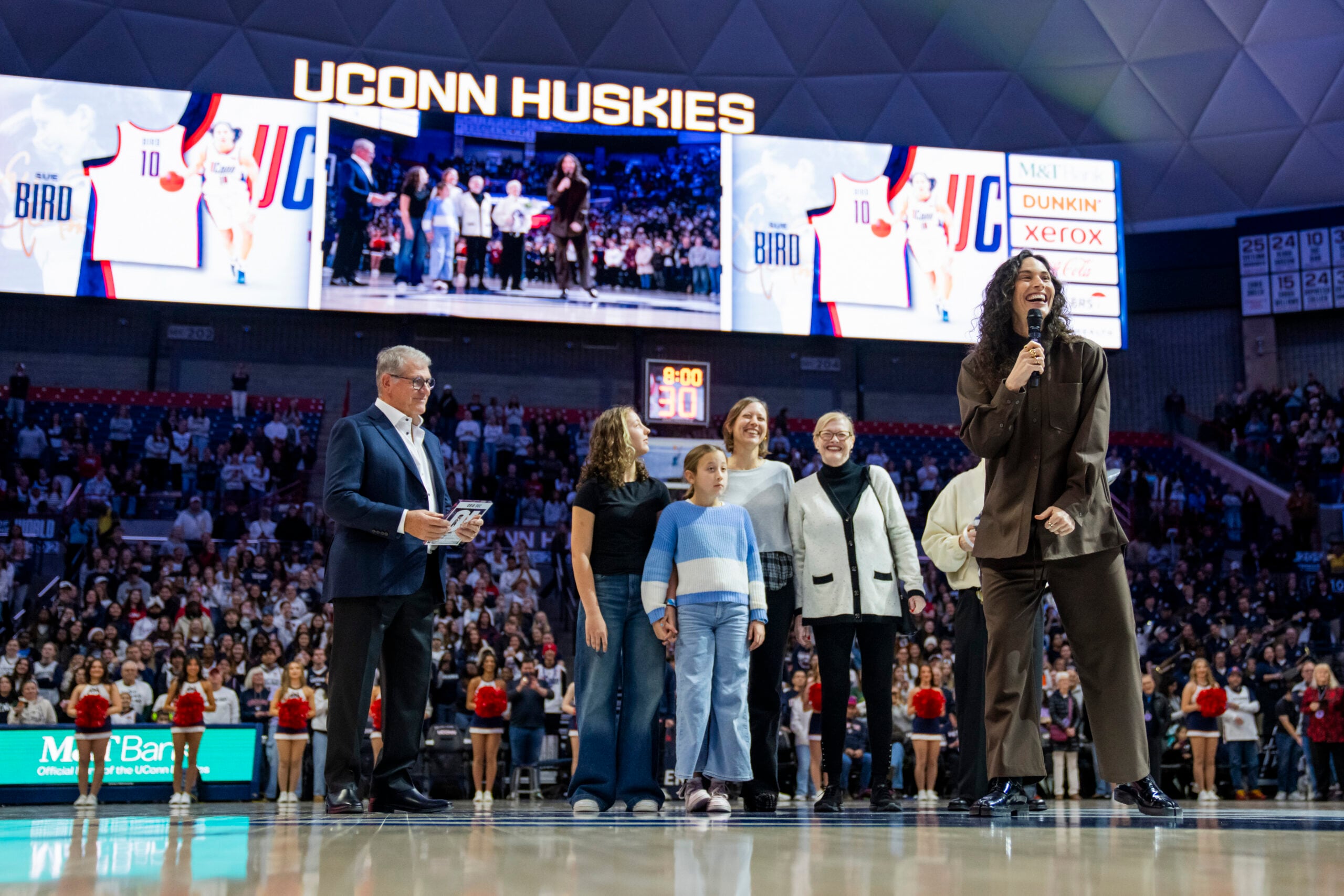 Former Connecticut Husky Sue Bird has her jersey number retired before an NCAA women’s basketball game against the DePaul Blue Demons at Harry A. Gampel Pavilion on December 07, 2025 in Storrs, Connecticut.