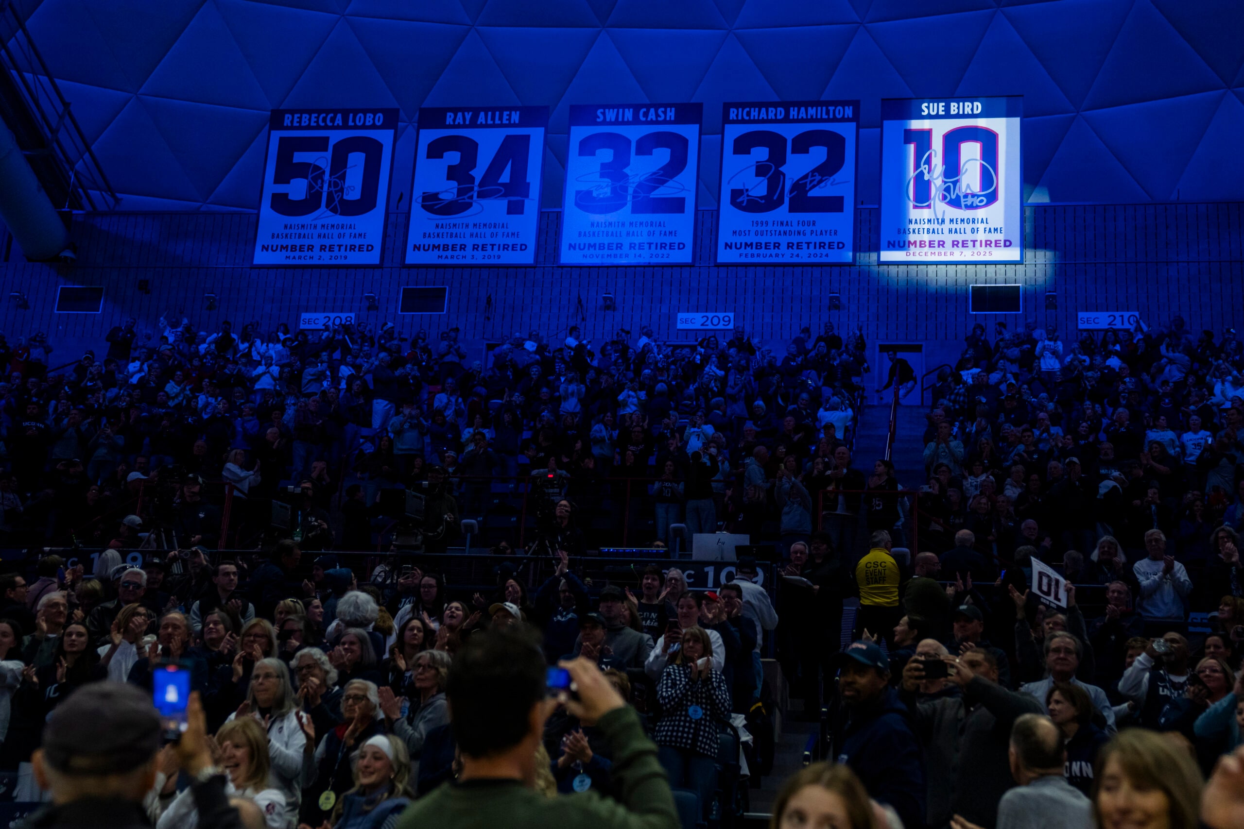 Former Connecticut Husky Sue Bird has her jersey number retired before an NCAA women’s basketball game against the DePaul Blue Demons at Harry A. Gampel Pavilion on December 07, 2025 in Storrs, Connecticut.