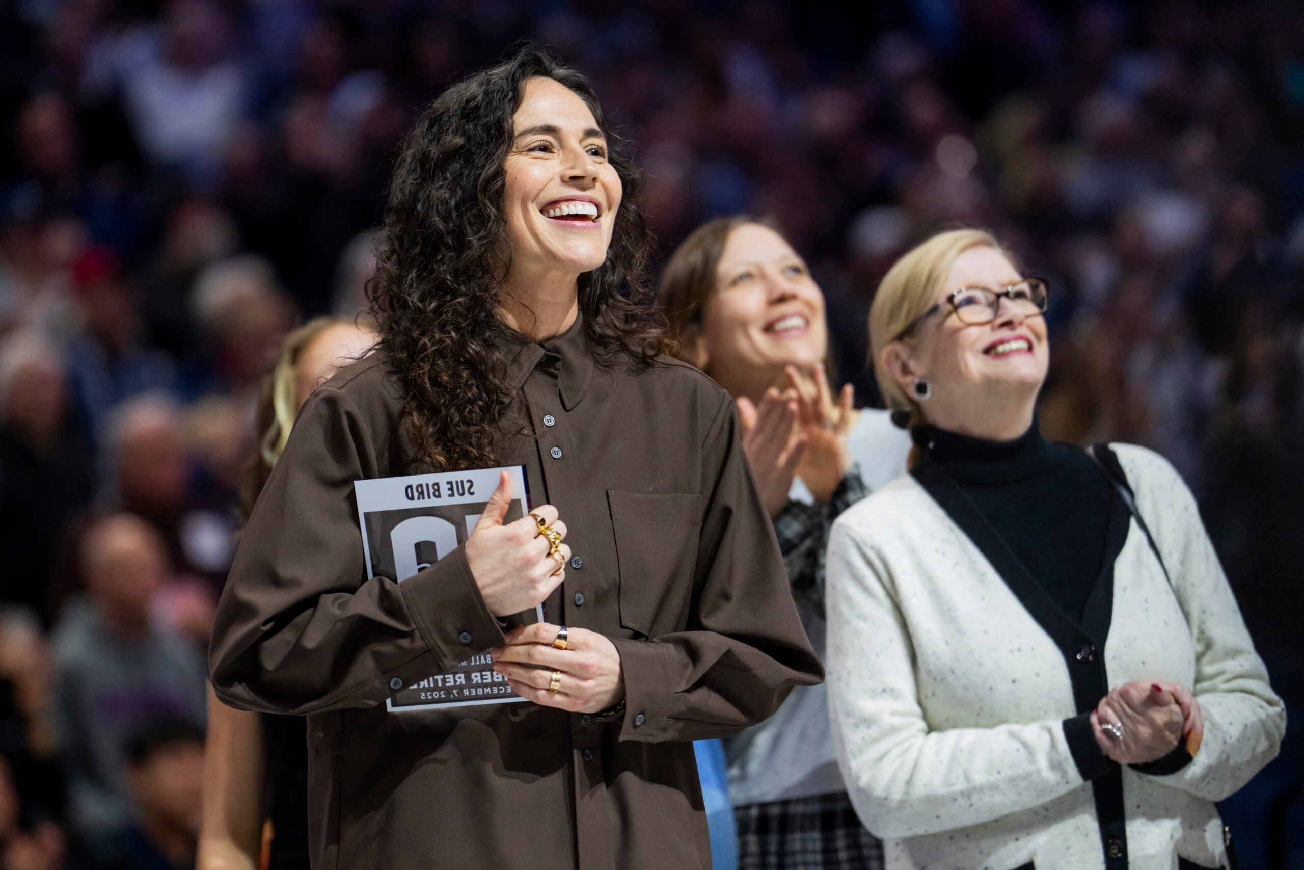 Former Connecticut Husky Sue Bird has her jersey number retired before an NCAA women’s basketball game against the DePaul Blue Demons at Harry A. Gampel Pavilion on December 07, 2025 in Storrs, Connecticut.