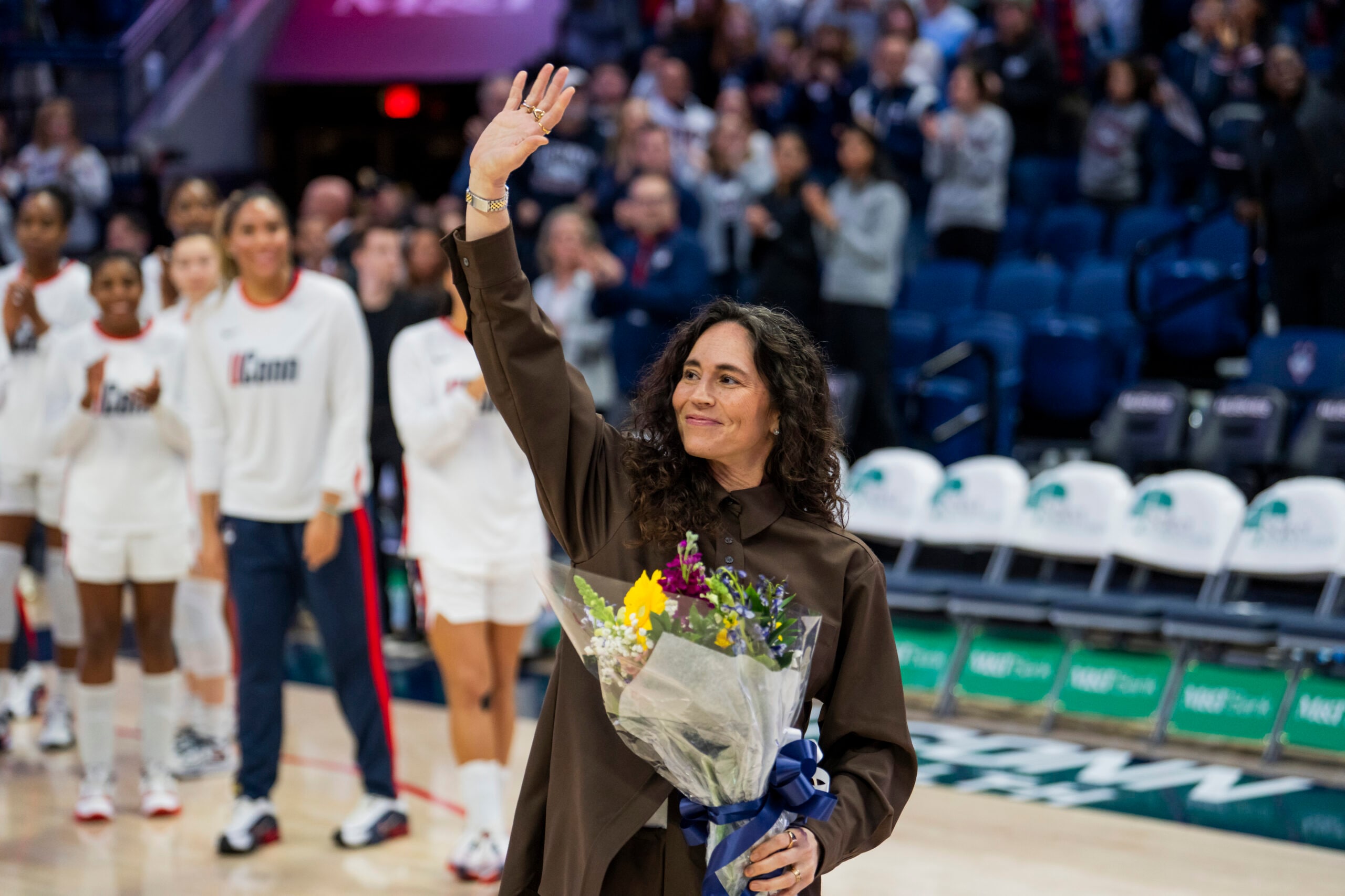 Former Connecticut Husky Sue Bird has her jersey number retired before an NCAA women’s basketball game against the DePaul Blue Demons at Harry A. Gampel Pavilion on December 07, 2025 in Storrs, Connecticut.