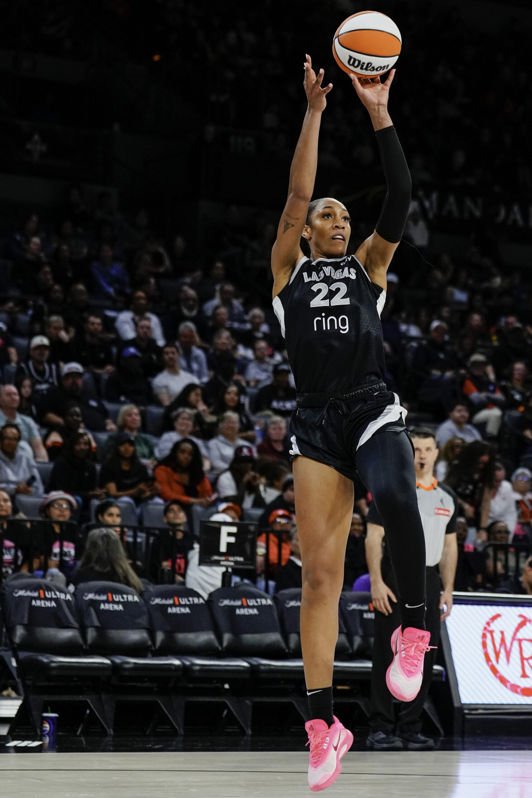 A'ja Wilson #22 of the Las Vegas Aces shoots against the Phoenix Mercury in the third quarter of a preseason game at Michelob ULTRA Arena on May 06, 2025 in Las Vegas, Nevada.