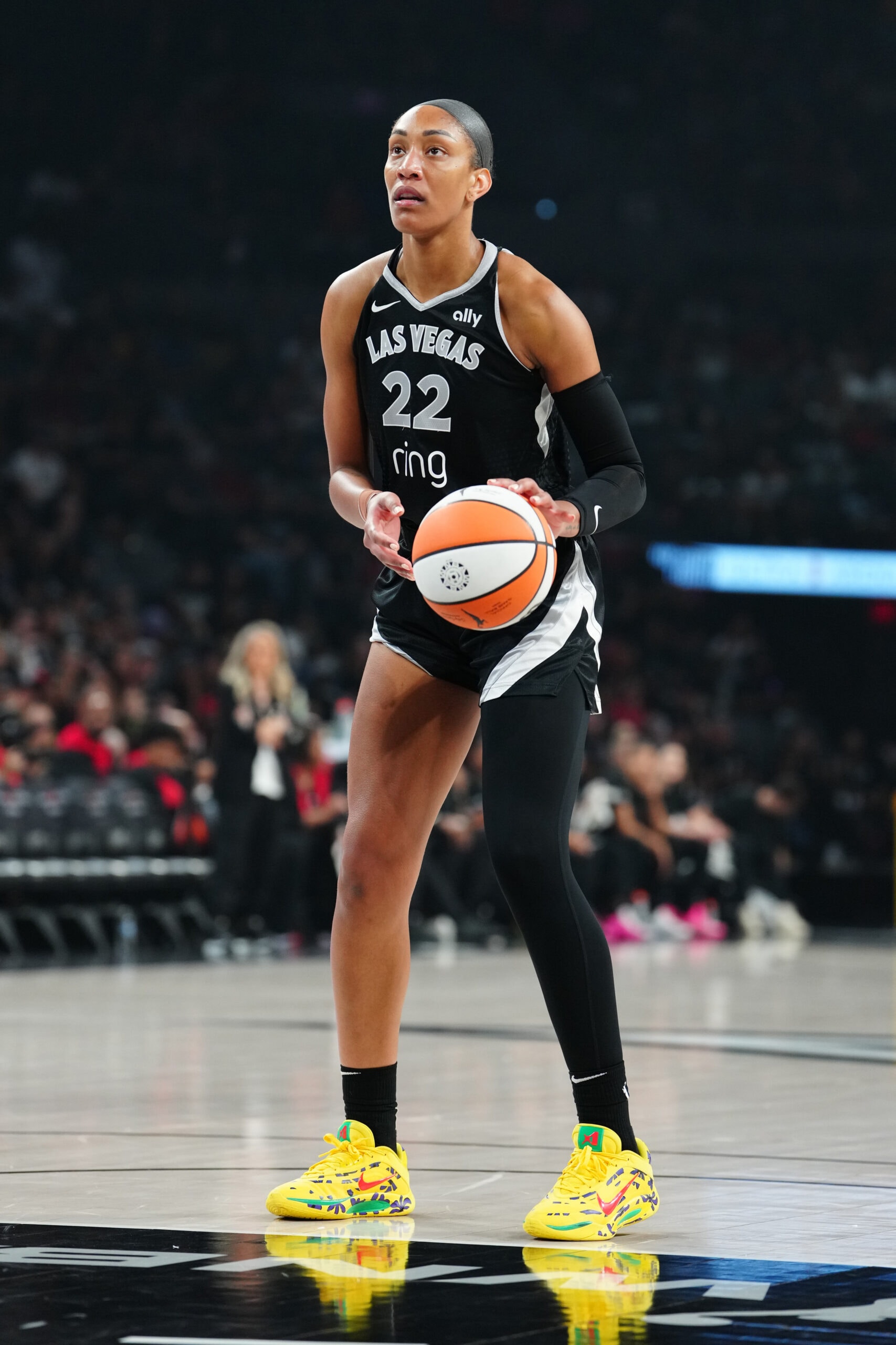A'ja Wilson #22 of the Las Vegas Aces wearing her new A'One Nike sneakers in the first half of a game against the Golden State Valkyries at Michelob ULTRA Arena on July 12, 2025 in Las Vegas, Nevada.