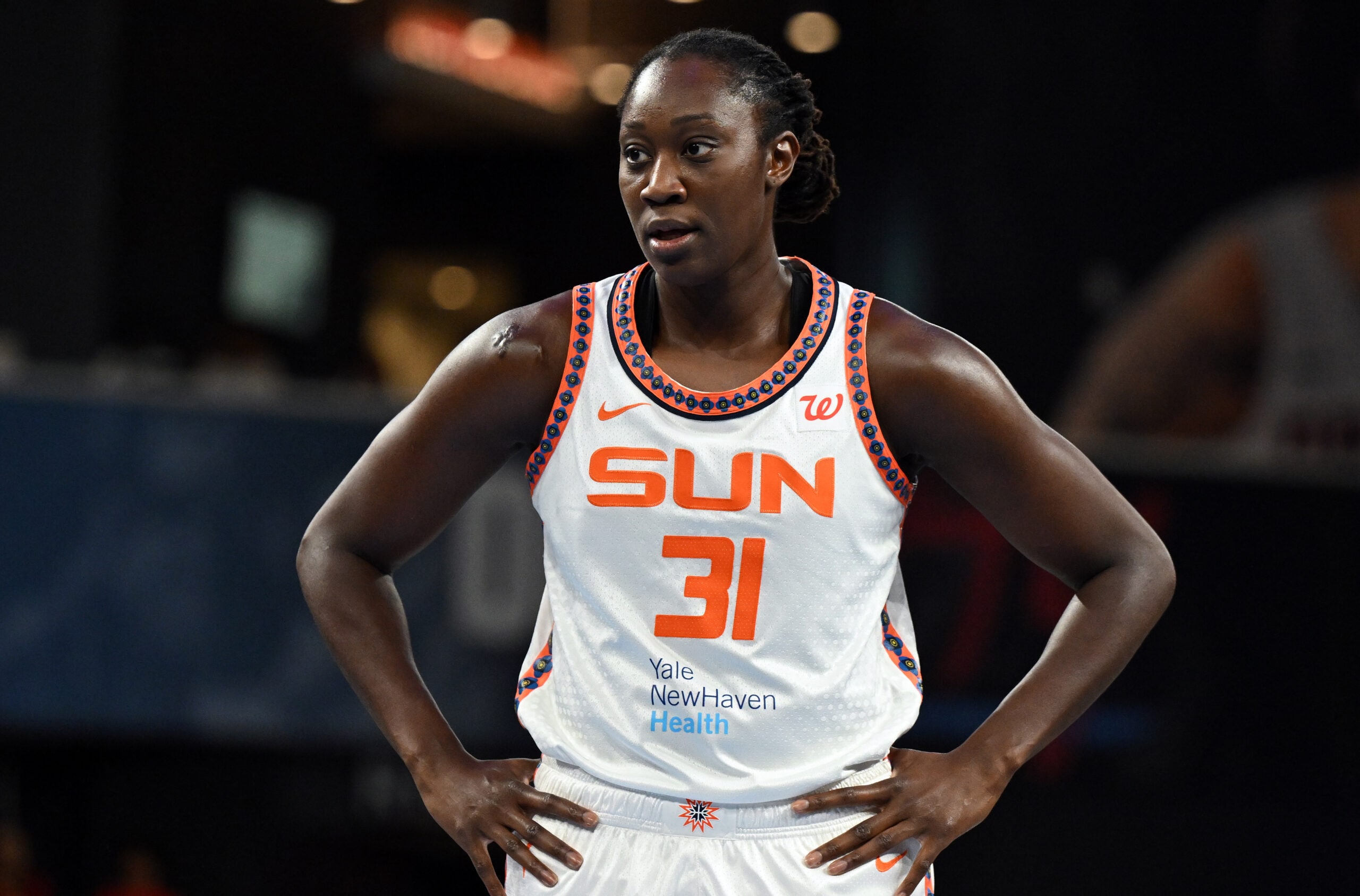 Tina Charles #31 of the Connecticut Sun looks on against Atlanta Dream during first quarter at Gateway Center Arena on September 08, 2025 in College Park, Georgia