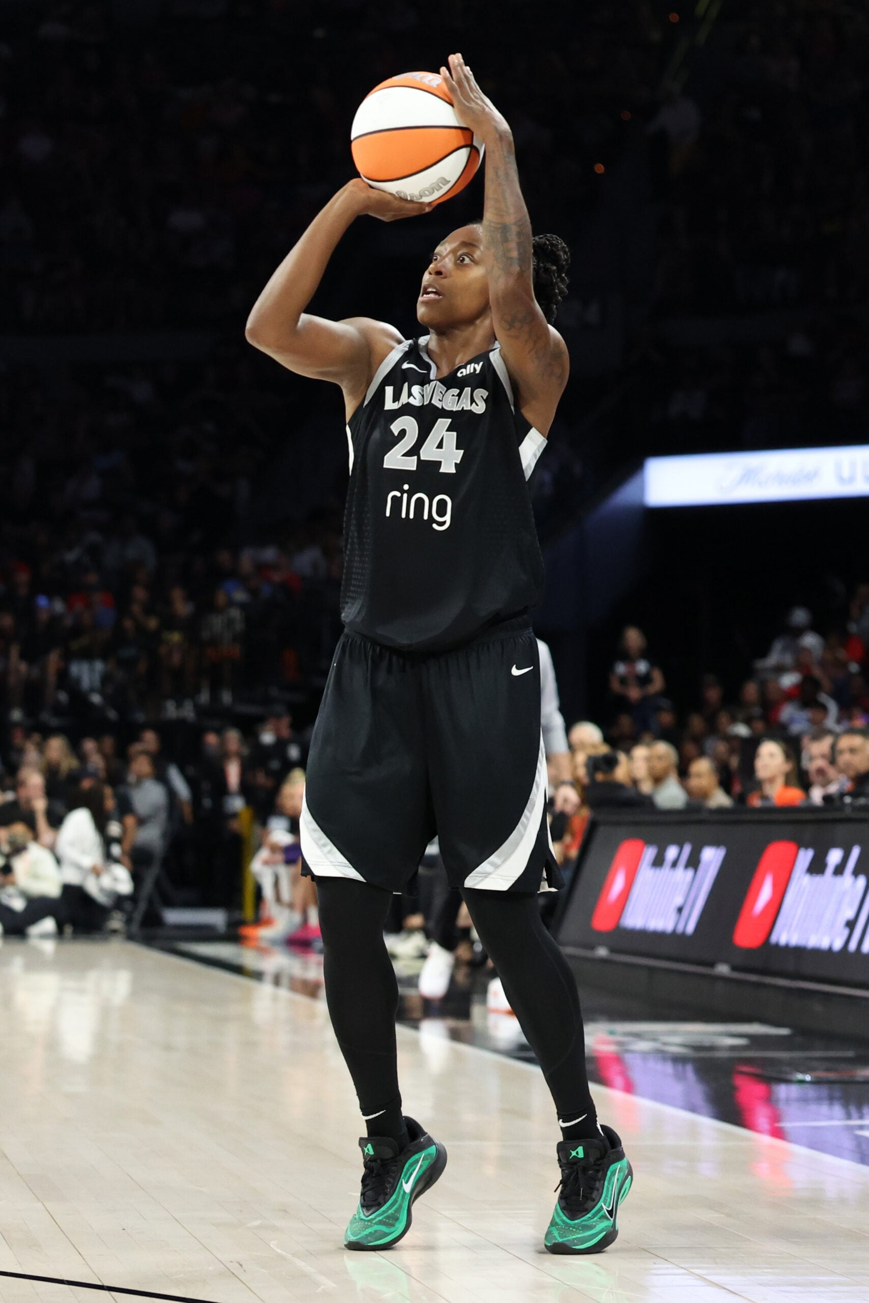 Jewell Loyd #24 of the Las Vegas Aces attempts a three point basket against the Phoenix Mercury in the second quarter of Game One of the 2025 WNBA Playoffs finals at Michelob ULTRA Arena on October 03, 2025 in Las Vegas, Nevada.