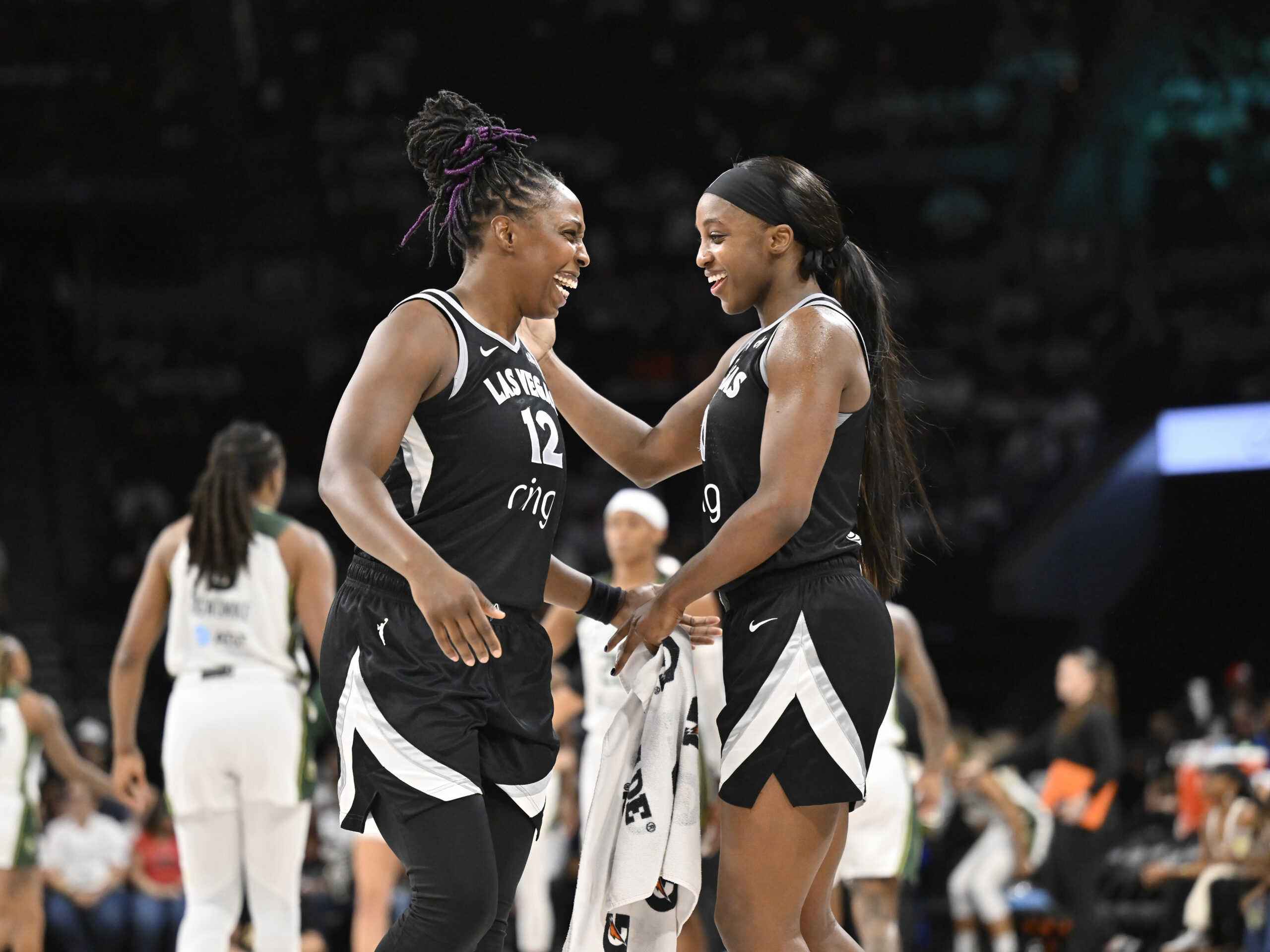 Chelsea Gray #12 and Jackie Young #0 of the Las Vegas Aces