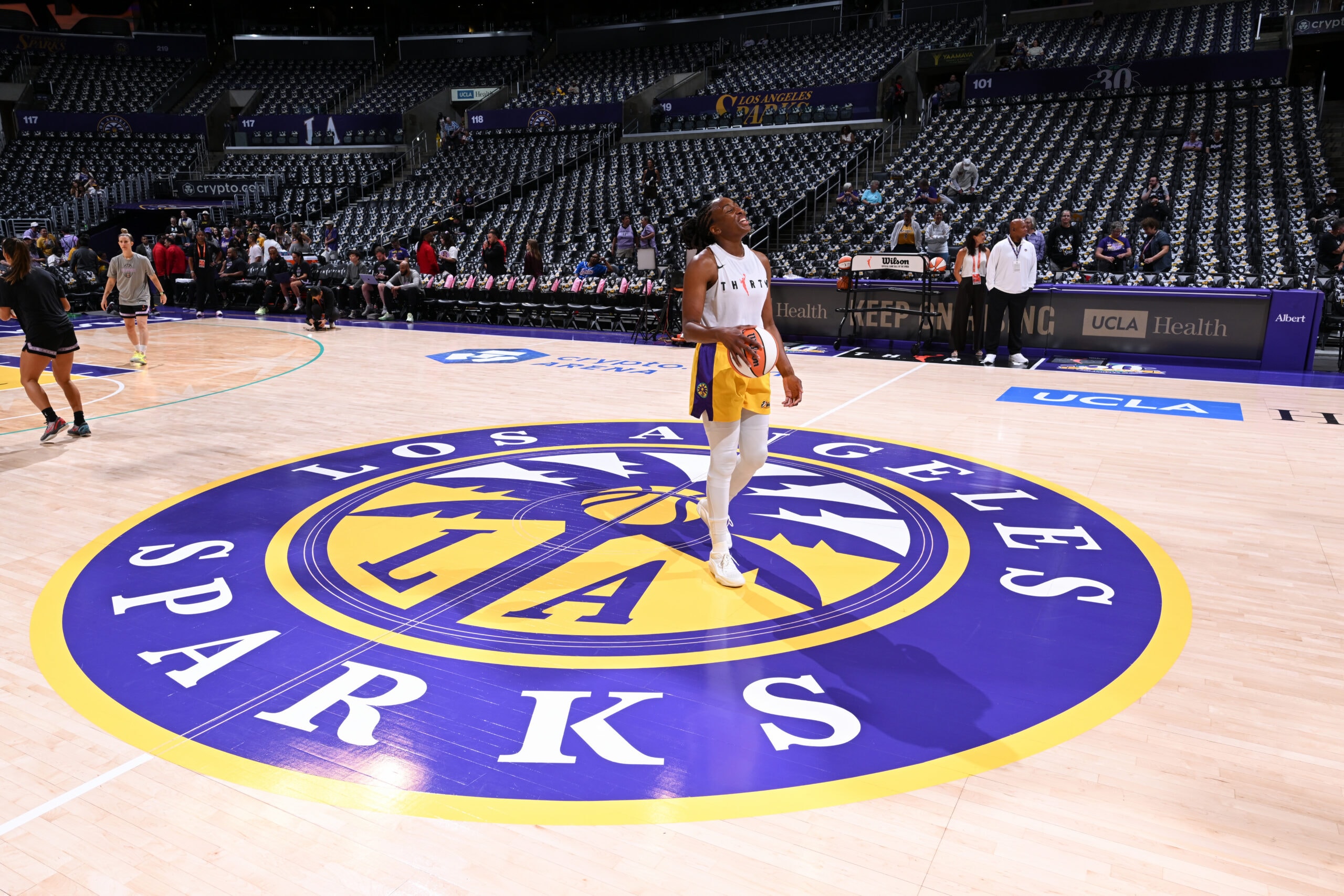 Nneka Ogwumike on the court at the Los Angeles Sparks arena in 2026